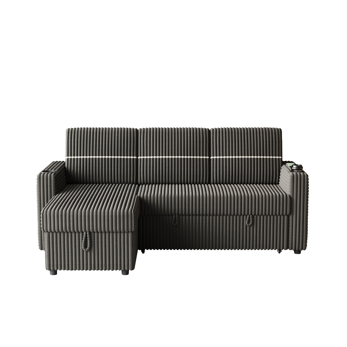 85 Inches Corduroy Sofa Bed, 3 Seater Sleeper Sofa with Storage Chaise, Square Handrail With Two Cup-holder And USB Charge Port, Pull Out Couch for Living Room W834S00270-djyc