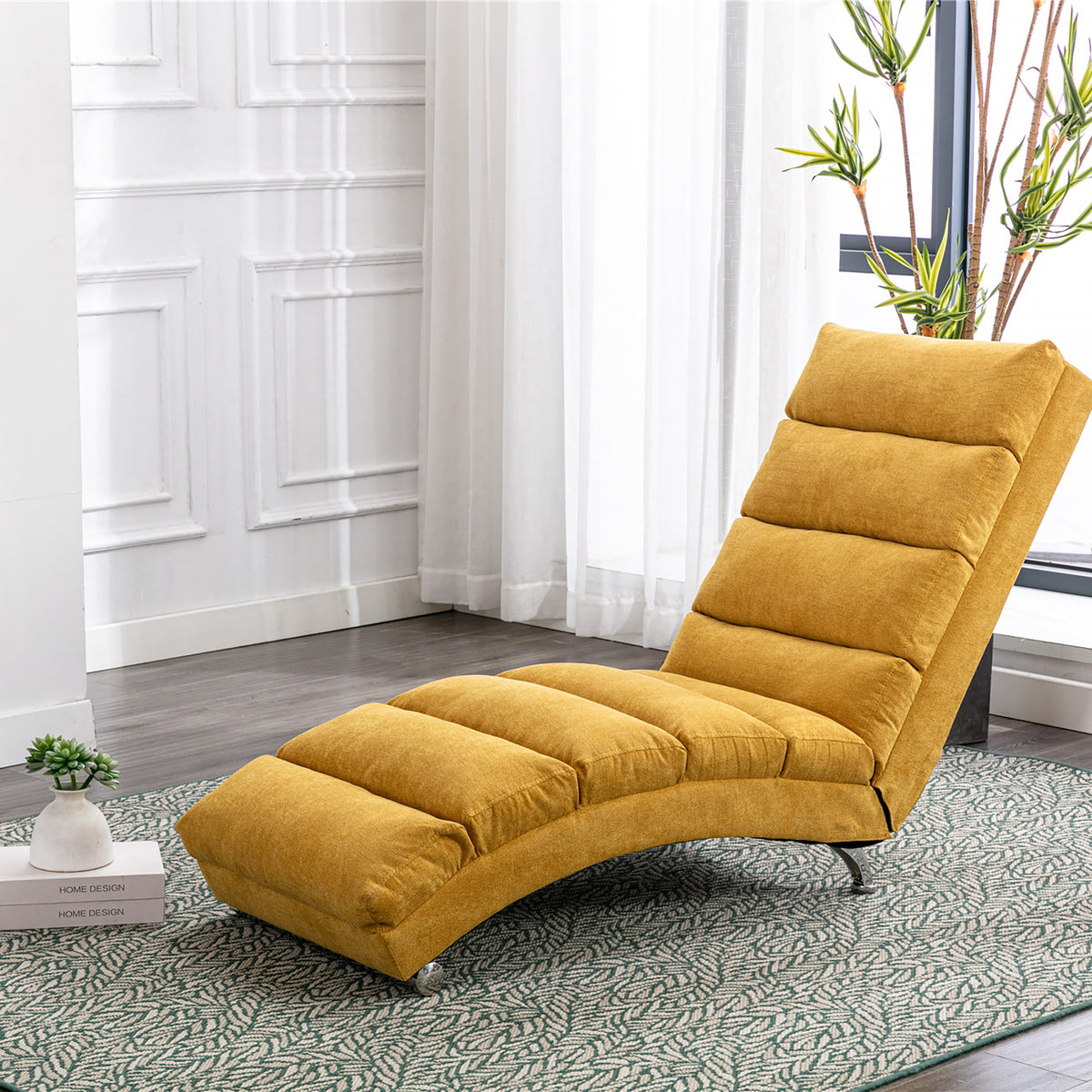 COOLMORE Linen Massage Chaise Lounge Indoor with Remote Control,Ergonomic Electric Massage Long Lounger with 5 Modes for Office, Living Room,Bedroom (Mustard) W39539621-djyc