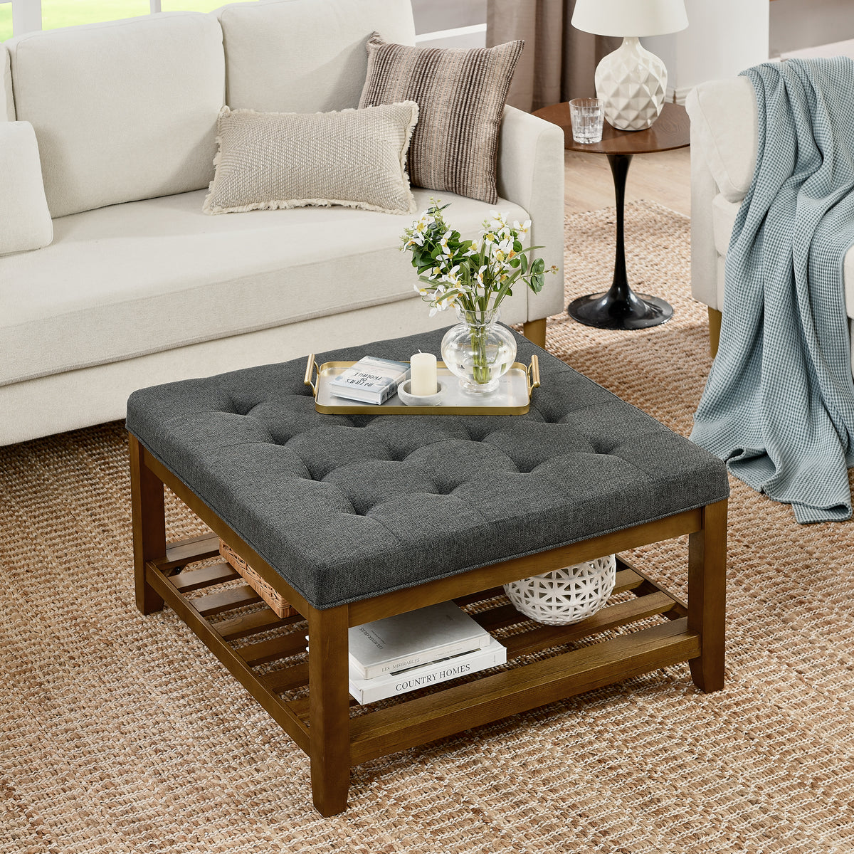 Upholstered Coffee Table Tufted Linen Large Square Ottoman with Beech Wood Shelf and Frame, Oversized Footrest Ottoman for Living Room, Dark Gray W2353P183798-djyc