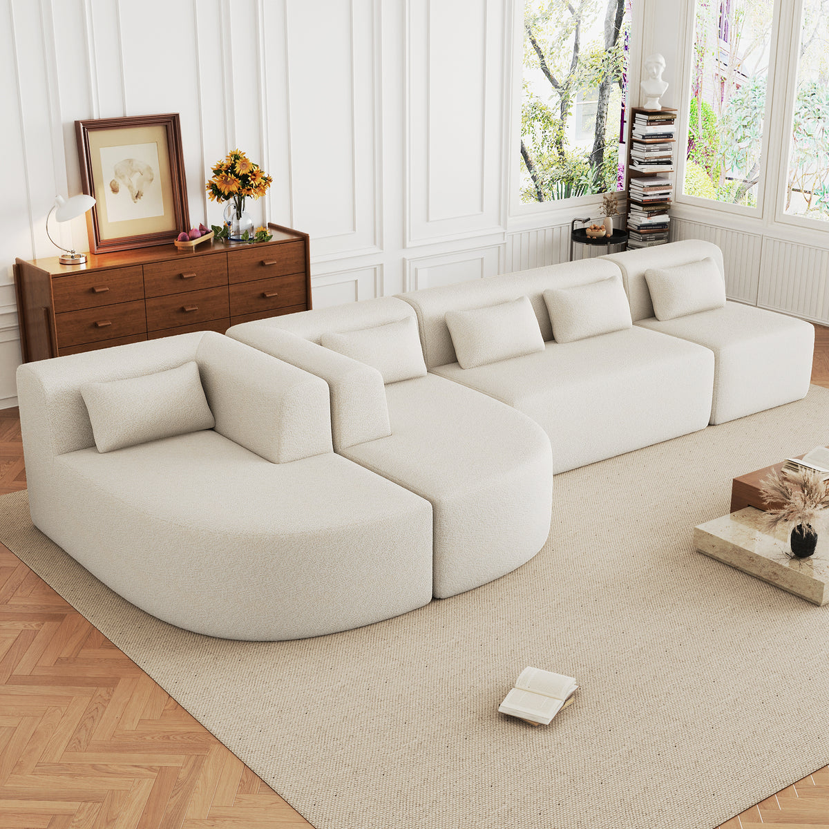 144' Upholstered Sofa Free-combined Sofa Couch with Two Chaise Lounge and Five Back Pillows for Living Room(Old SKU: N719S001600A), Beige N719S001850A-djyc
