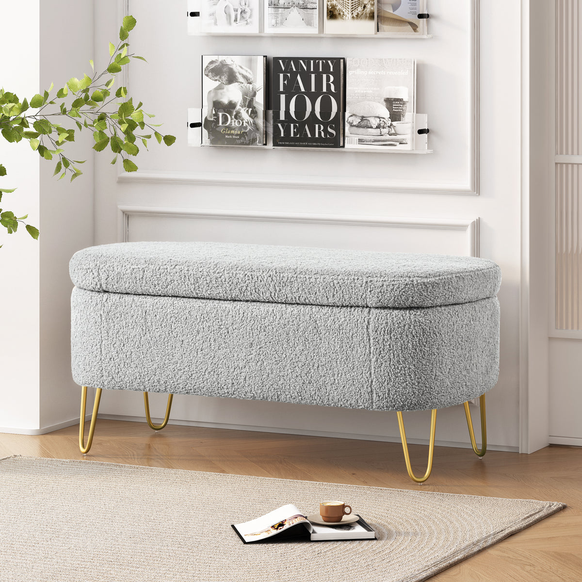 Oval Storage Bench for Living Room Bedroom End of Bed, Upholstered Storage Ottoman Entryway Bench With Metal Legs,Grey N769P195486G-djyc