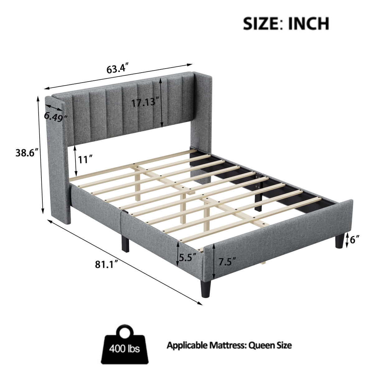 Queen size Upholstered Platform Bed Frame with Headboard, Mattress Foundation, Wood Slat Support, Quiet, no Box Spring Needed, Easy to Assemble Light Grey W1793140457-djyc