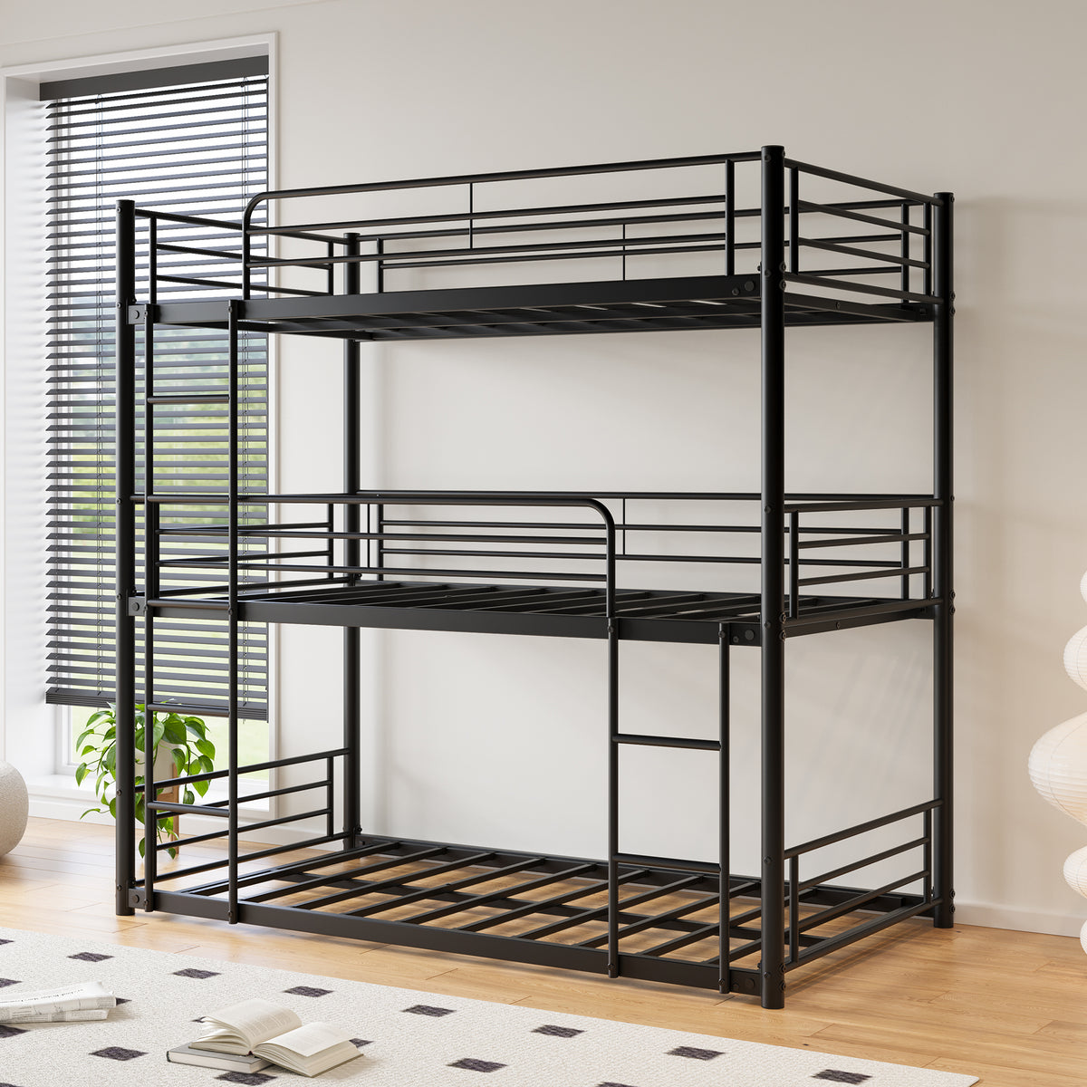 Triple Twin Bunk Beds, Twin Over Twin Over Twin Metal Bunk Bed Platform Frame, Two Attached Ladders, Easy Access Guard-Rail, No Box Spring Need (Black) W840P209935-djyc