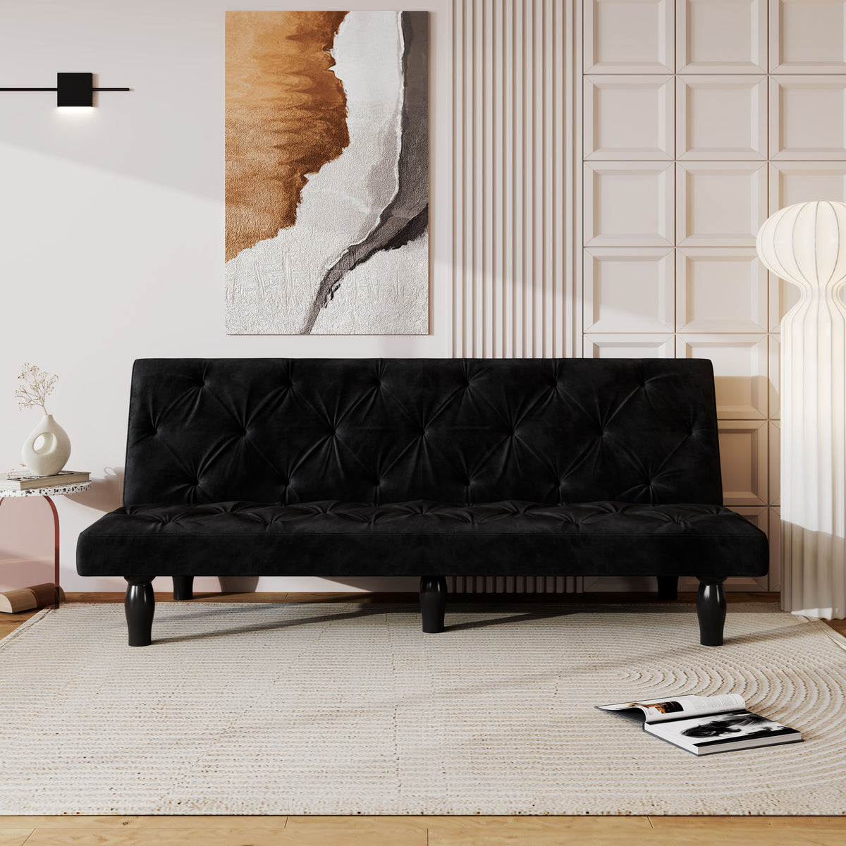 Sofa-to-Bed Evolution: 66" Black Velvet Sofa Bed Transforms Seamlessly, Ideal for Family Living Rooms, Apartments, and Bedrooms W127860390-djyc