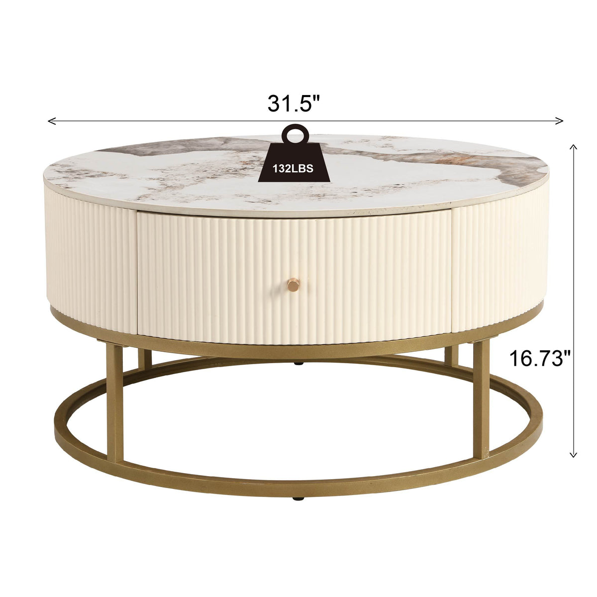 31.5 Inch Modern Round Coffee Table with Drawers, Marble Table with Storage, Coffee Table for Living Room W821P184399-djyc
