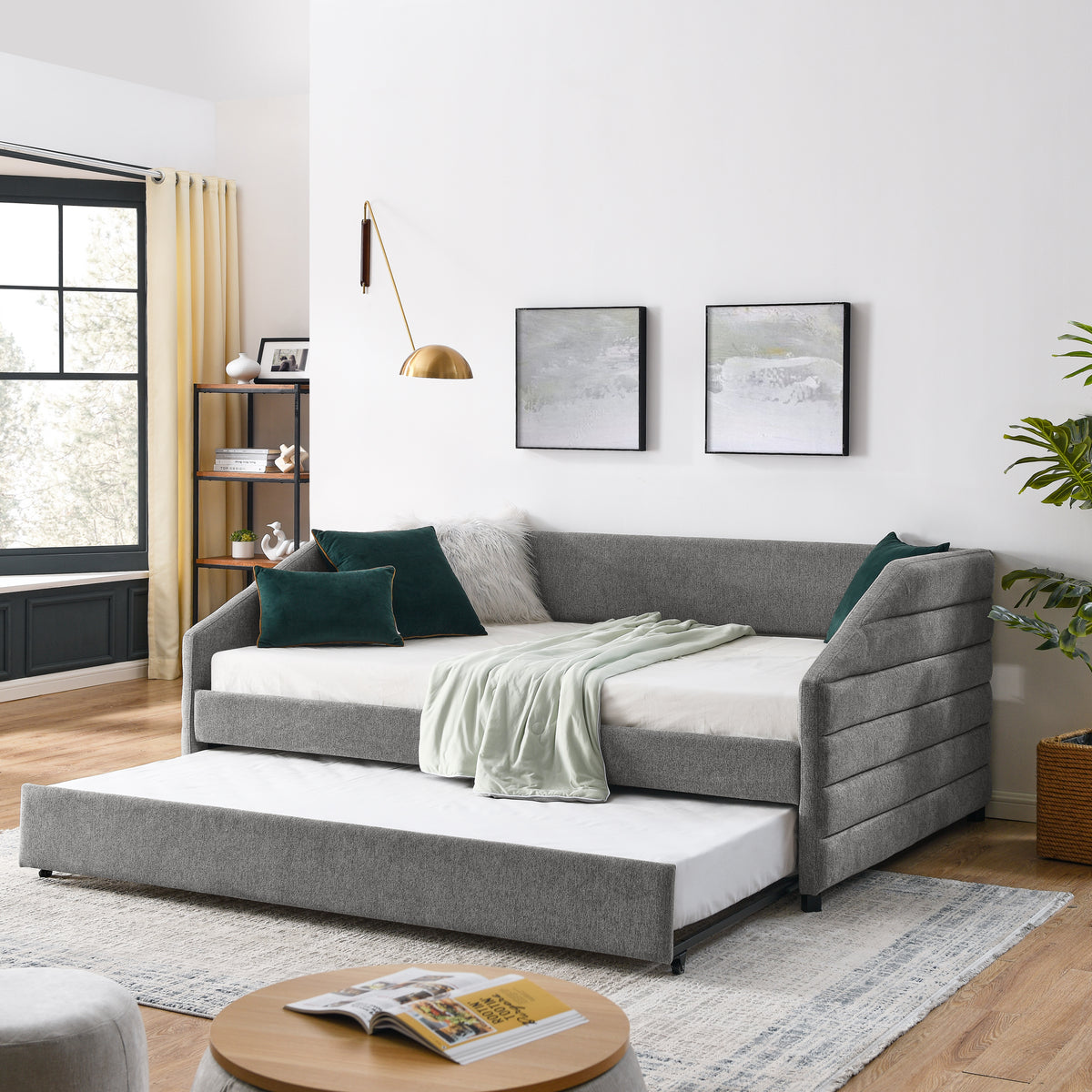Full Size Daybed with Trundle Upholstered Tufted Sofa Bed, Linen Fabric, Grey (82.5"x58"x34") W487S00178-djyc