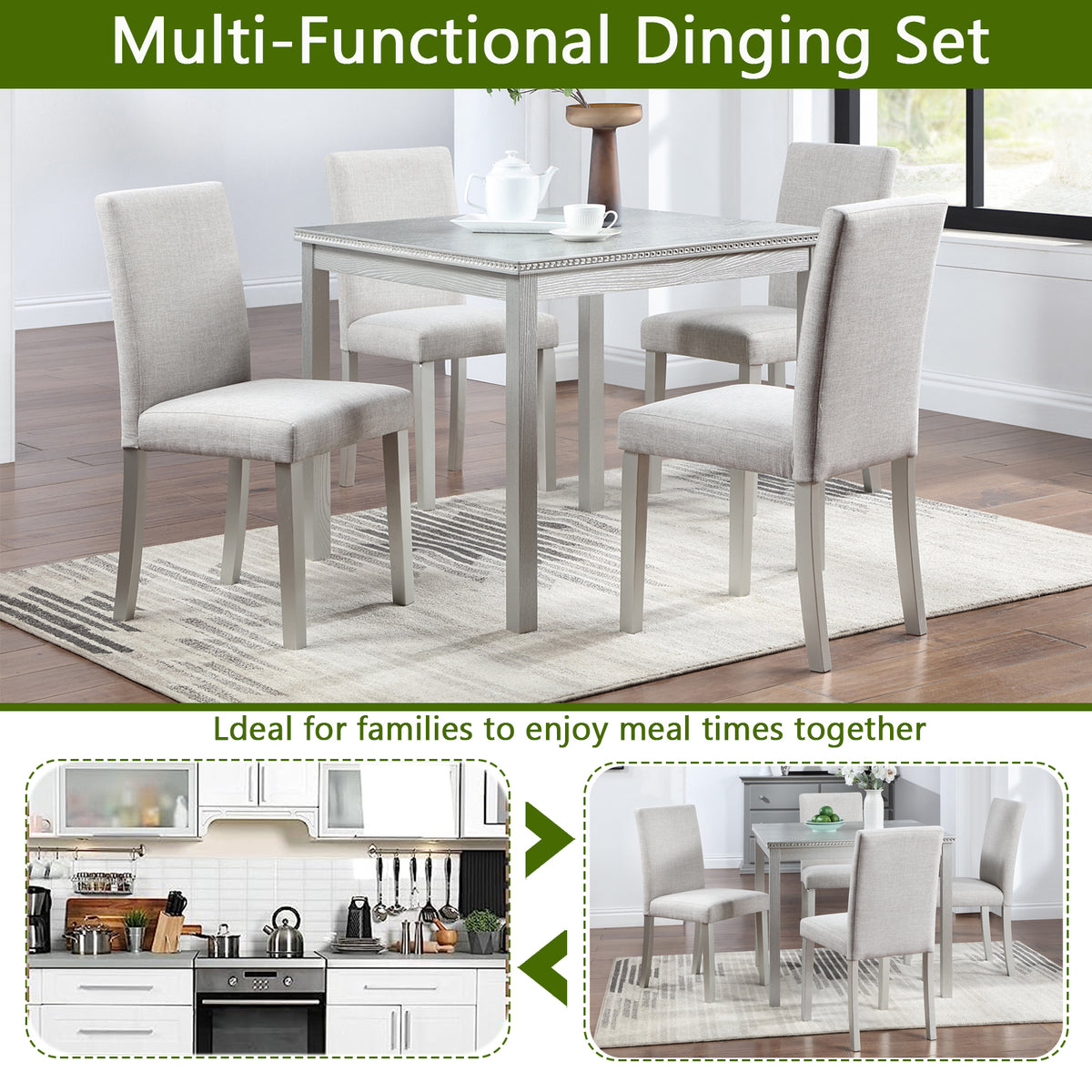 5 Piece Wooden Dining Table Set, Kitchen Table Set with a Square Table and 4 Upholstered Chairs, Wooden Dining Room Table with Crystal Decoration and Chairs Set for Kitchen, Dining Room, Silver grey W1998S00042-djyc