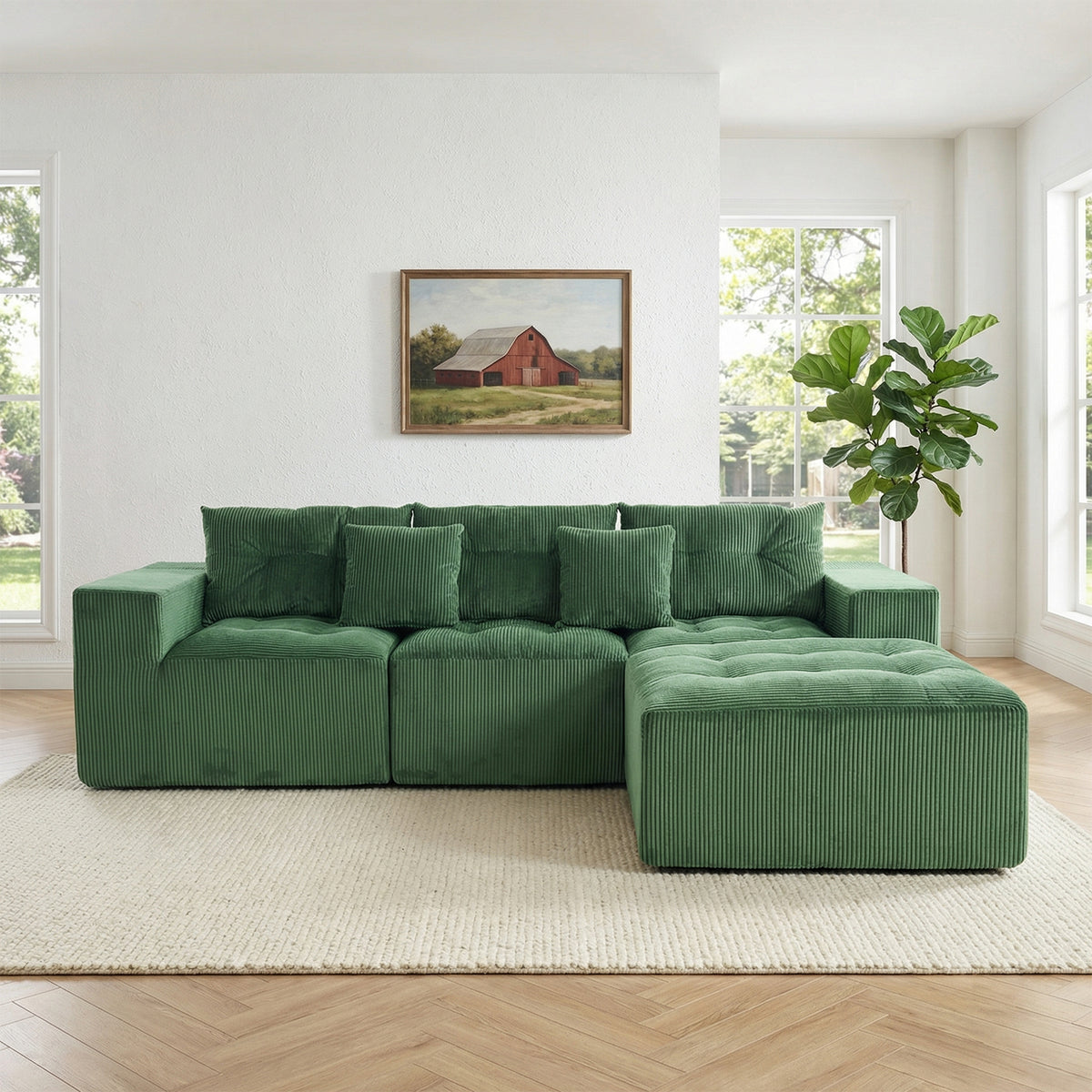 101' L-Shaped Modular Compression Sofa, 3-Seater Comfortable Cloud Sofa, Corduroy Fabric, with Movable Footrest, Free DIY Combination, Suitable for Living Room, Bedroom, Apartment (Green)-W1170S00055