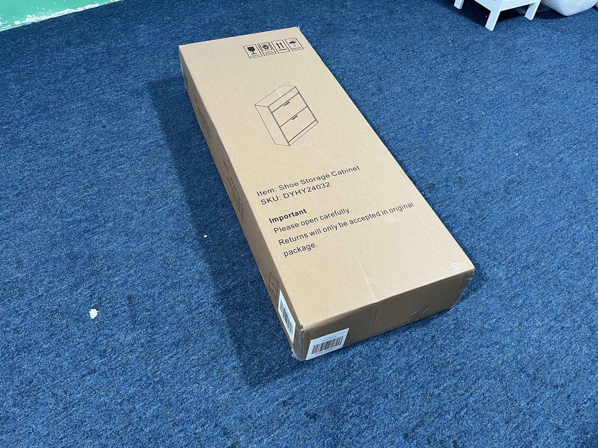 Shoe Storage Cabinet with 2 Flip Drawers, Sturdy Wood Hidden Shoe Storage, Freestanding Narrow Slim Shoe Organizer for Front Door Entrance, Living Room, Hallway, Bedroom (White) W808P174805-djyc