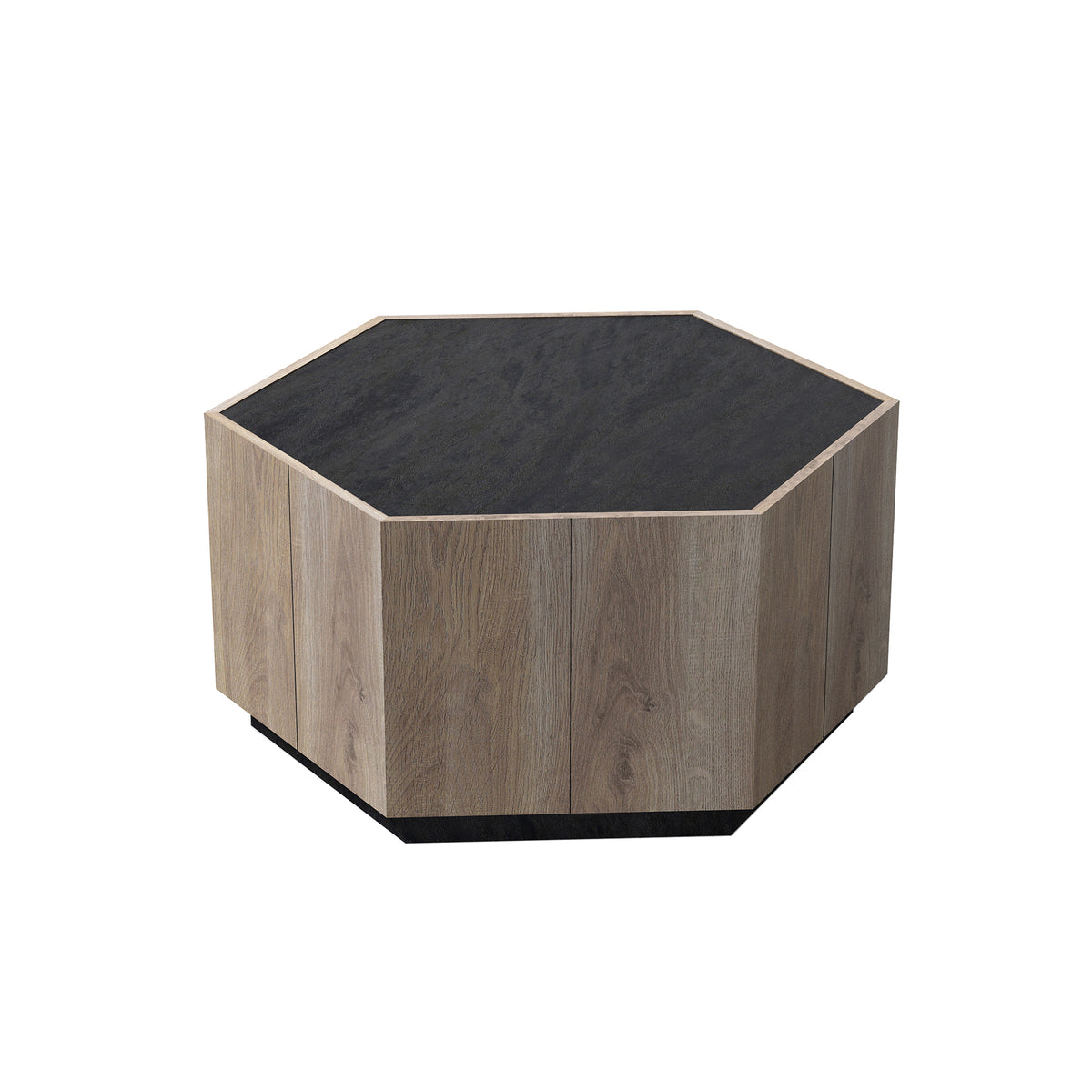 Hexagonal Rural Style Garden Retro Living Room Coffee Table with 2 drawers, Textured Black + Warm Oak W88194499-djyc