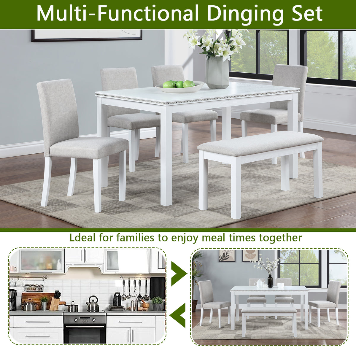 Wooden Dining Rectangular Table with Bench, Kitchen Table with Bench for Small Space, 6 Person Dining Table, White W1998S00046-djyc