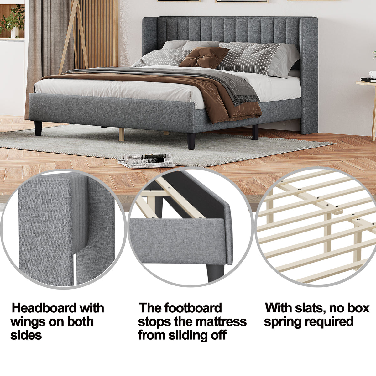 King size Upholstered Platform Bed Frame with Headboard, Mattress Foundation, Wood Slat Support, Quiet, no Box Spring Needed, Easy to Assemble Light Grey W1793140460-djyc