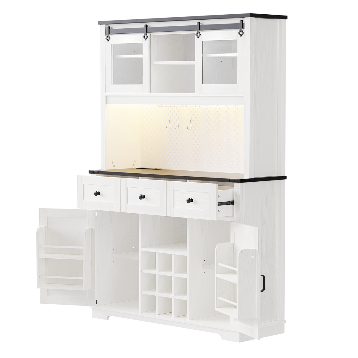 K&K 71" Farmhosue Pantry Bar Cabinet with Internal Storage Rack,Kitchen Cabinet with Hutch,Sliding Door,Power Outlet,Pegboard,Wine & Glasses Rack,3 Drawers,Rustic Coffee Bar Storage Cabinet,White Oak N707S000008W-djyc