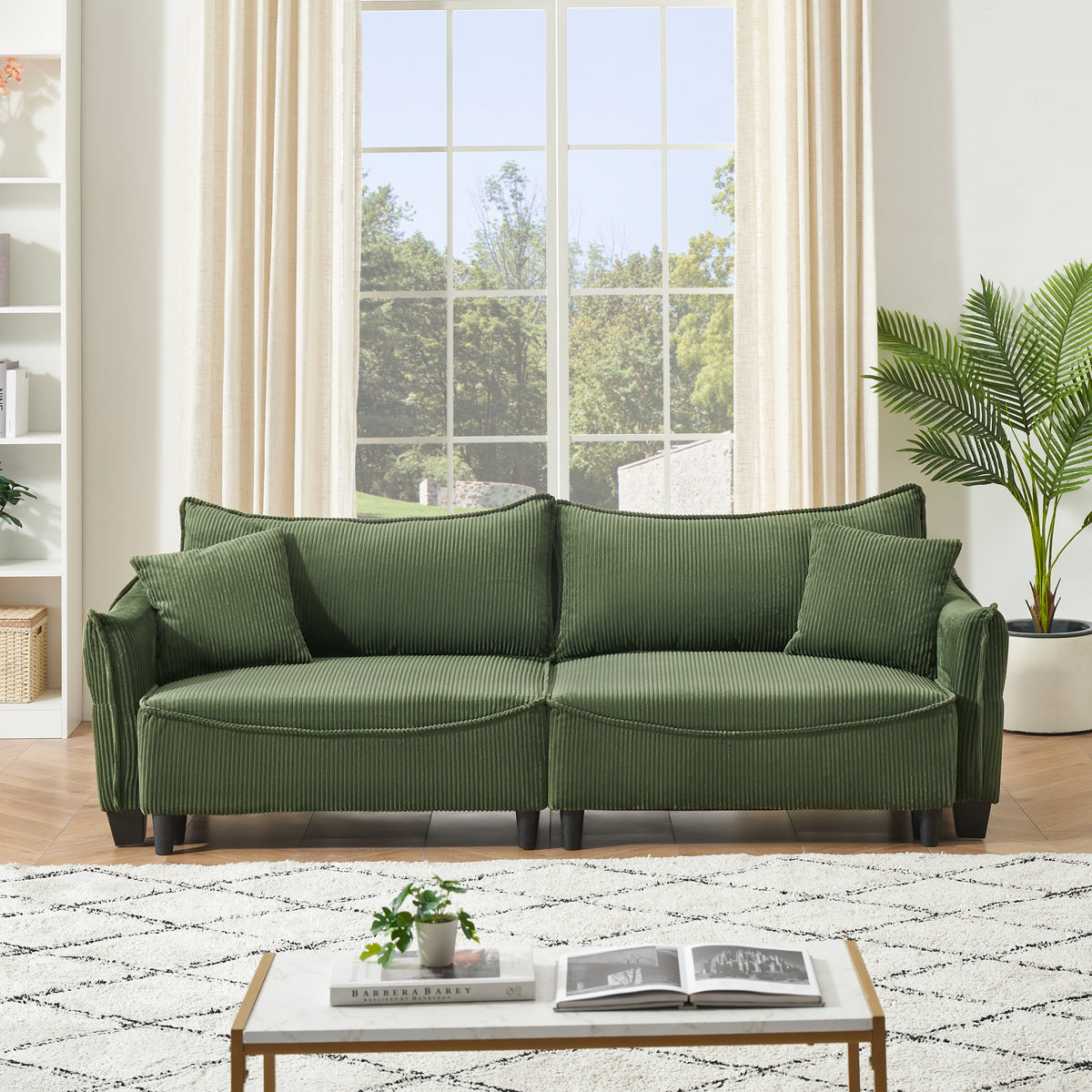 Sofa Showcasing Green Corduroy Fabric, Transformable into Sofa Bed with Two Throw Pillows: Ideal for Living Rooms & Diverse Scenes W1278S00038-djyc