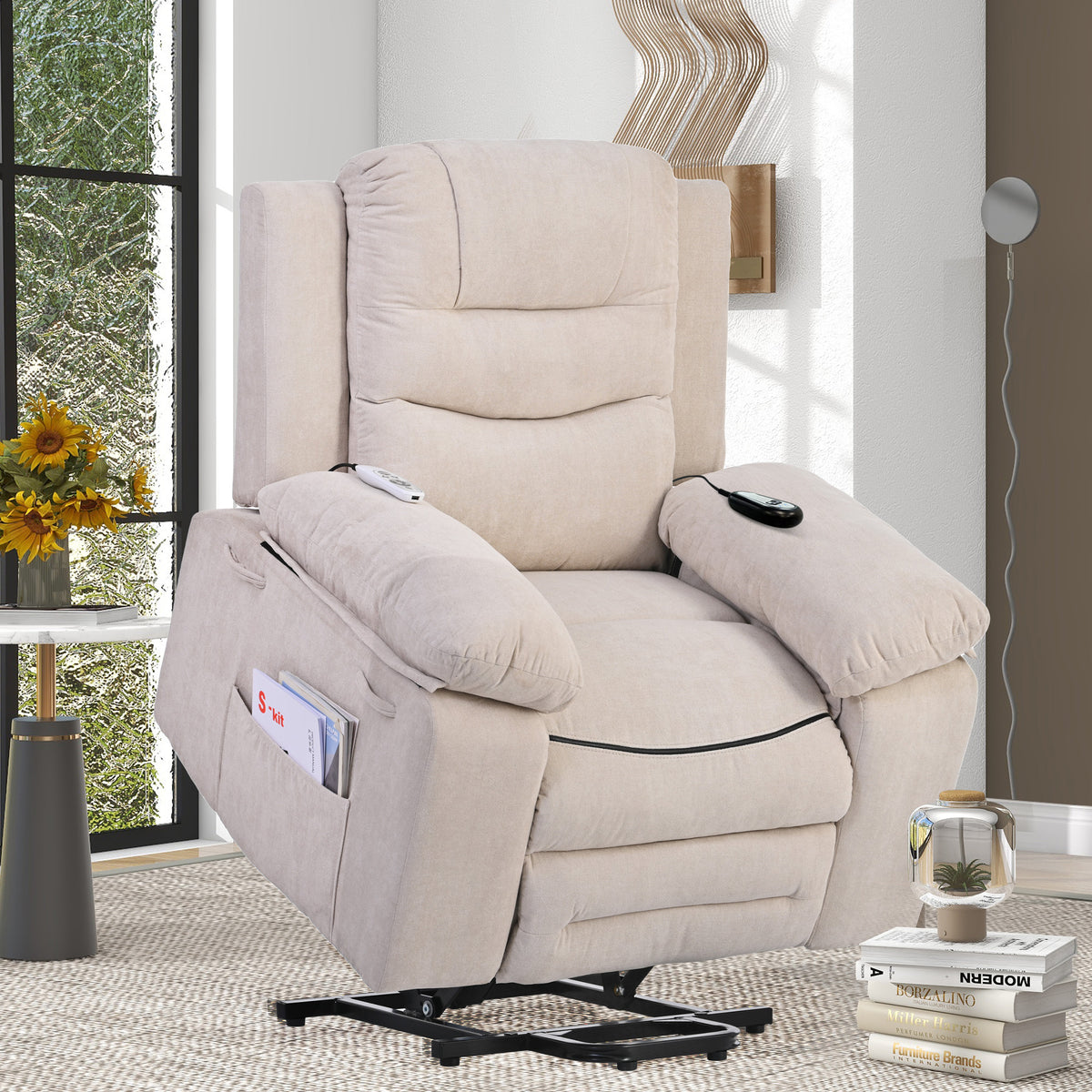 Massage Recliner,Power Lift Chair for Elderly with Adjustable Massage and Heating Function,Recliner Chair with Infinite Position and Side Pocket for Living Room ,Beige N719P187474A-djyc