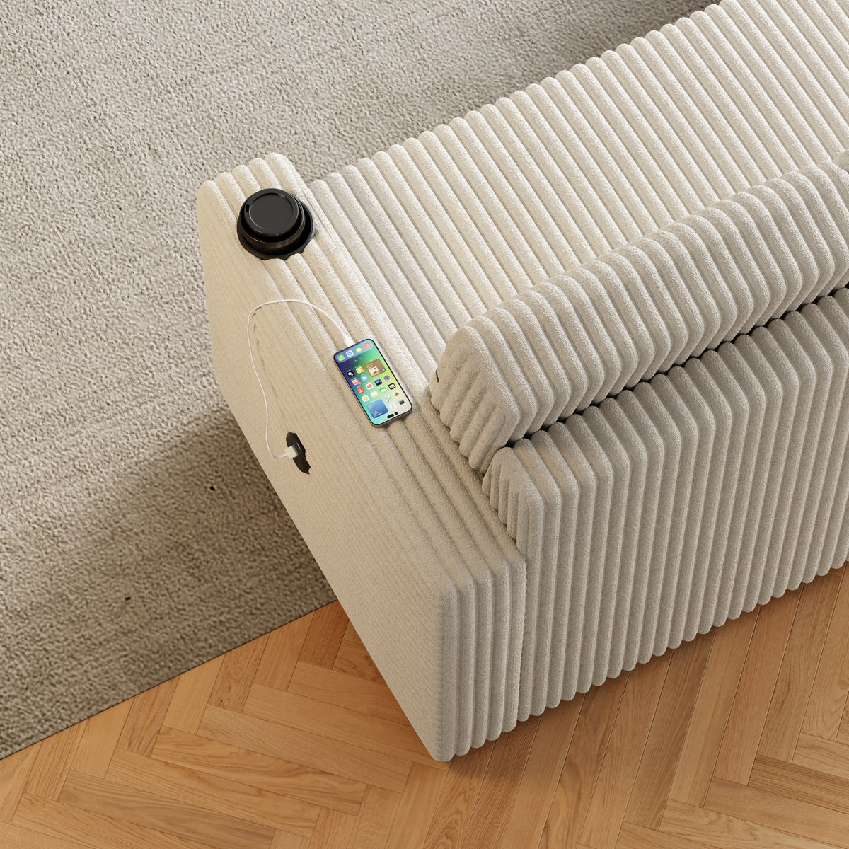 85 Inches Corduroy Sofa Bed, 3 Seater Sleeper Sofa with Storage Chaise, Square Handrail With Two Cup-holder And USB Charge Port, Pull Out Couch for Living Room W834S00272-djyc