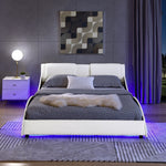 Queen Led Bed Frame Modern Faux Leather Upholstered Platform Bed Frame with RGB LED Lights and Headboard Wave Like Curve Low Profile Bed Frame,Wood Slats Support,Easy Assembly, White W487P169715-djyc