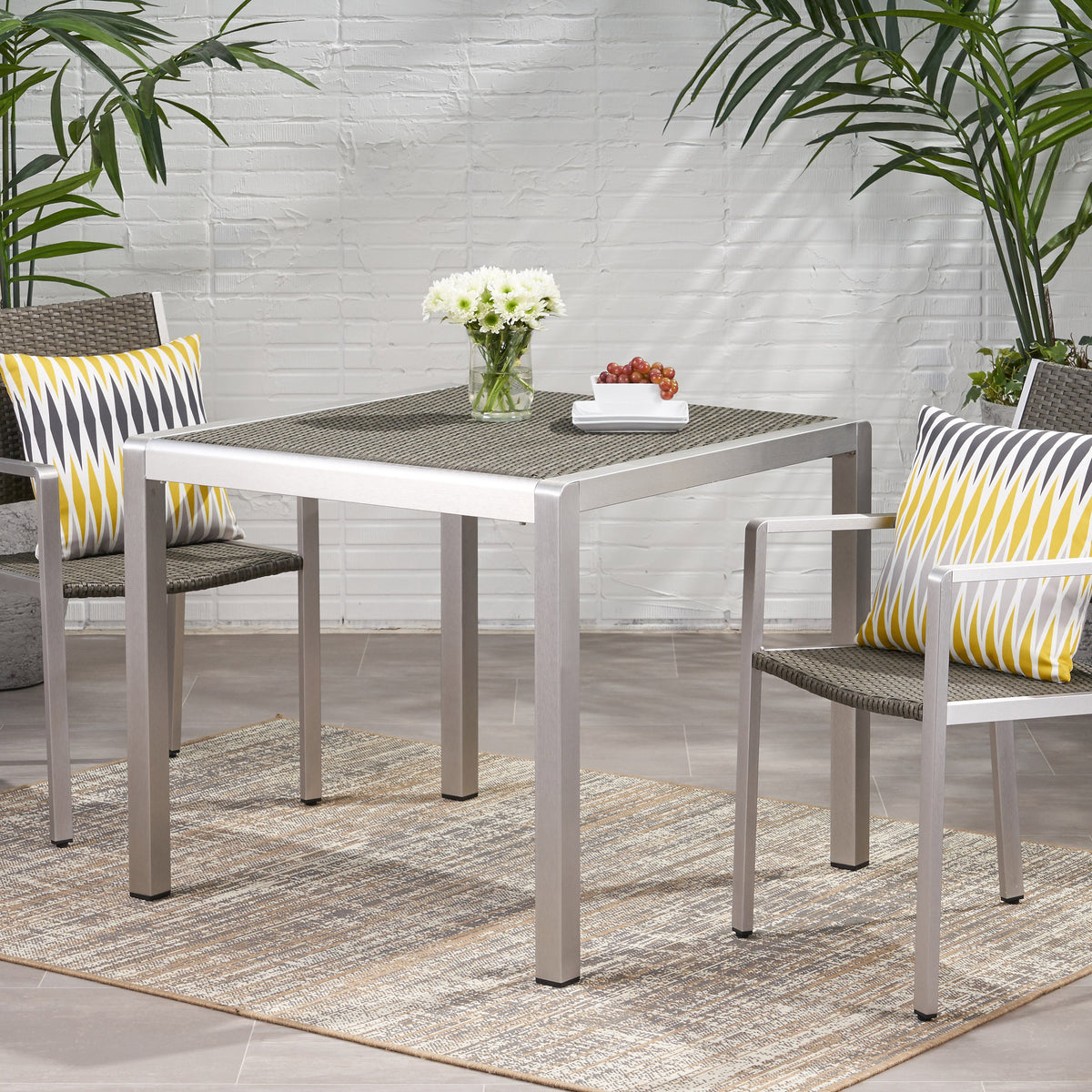 Outdoor Dining Table - Anodized Aluminum - Wicker Table Top - Square - Silver and Gray - 35' 64420-djyc