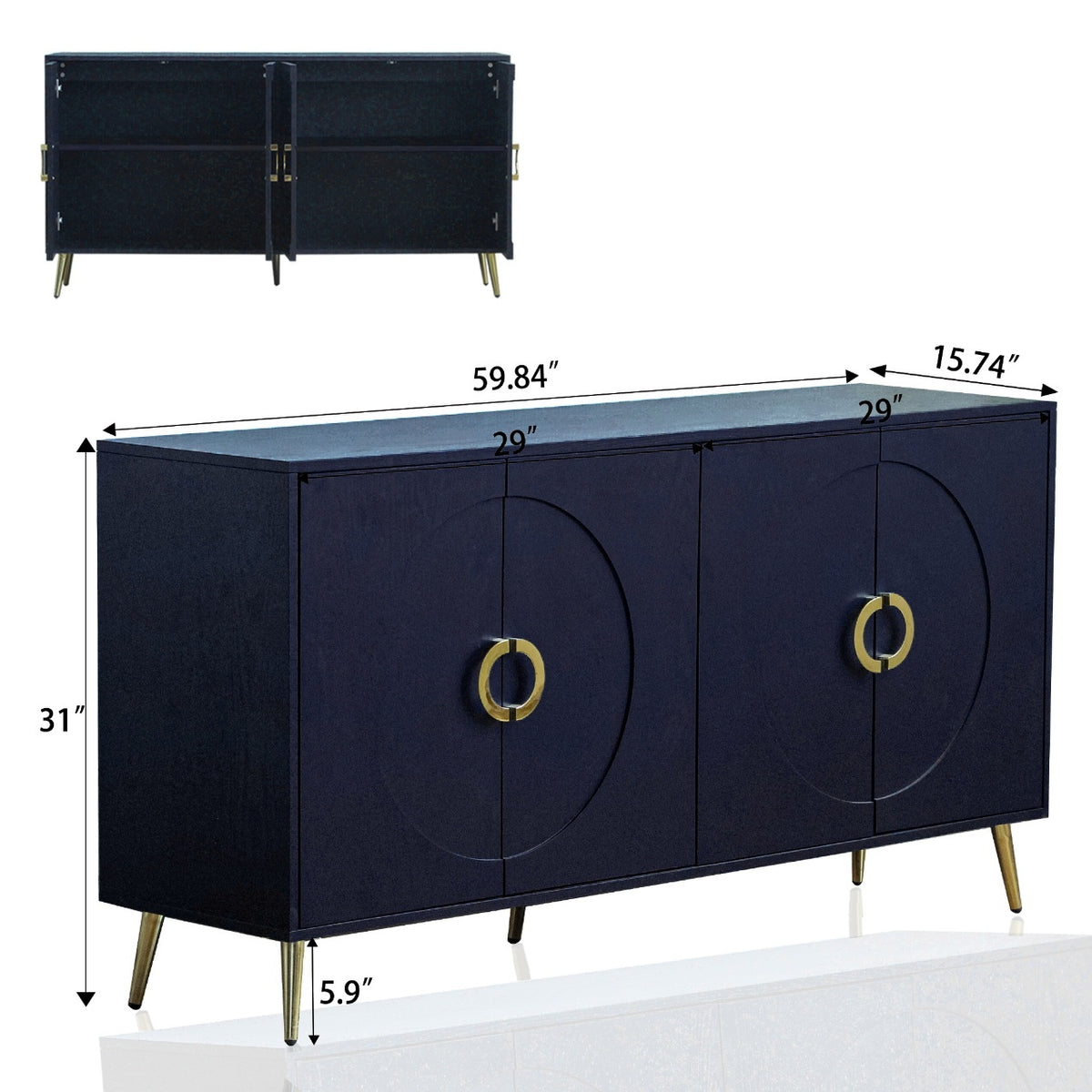 Modern Lacquered 4 Door Wooden Cabinet Sideboard Buffet Server Cabinet Storage Cabinet, for Living Room, Entryway, Hallway, Office, Kitchen and Dining Room, Navy Blue W1435P191610-djyc