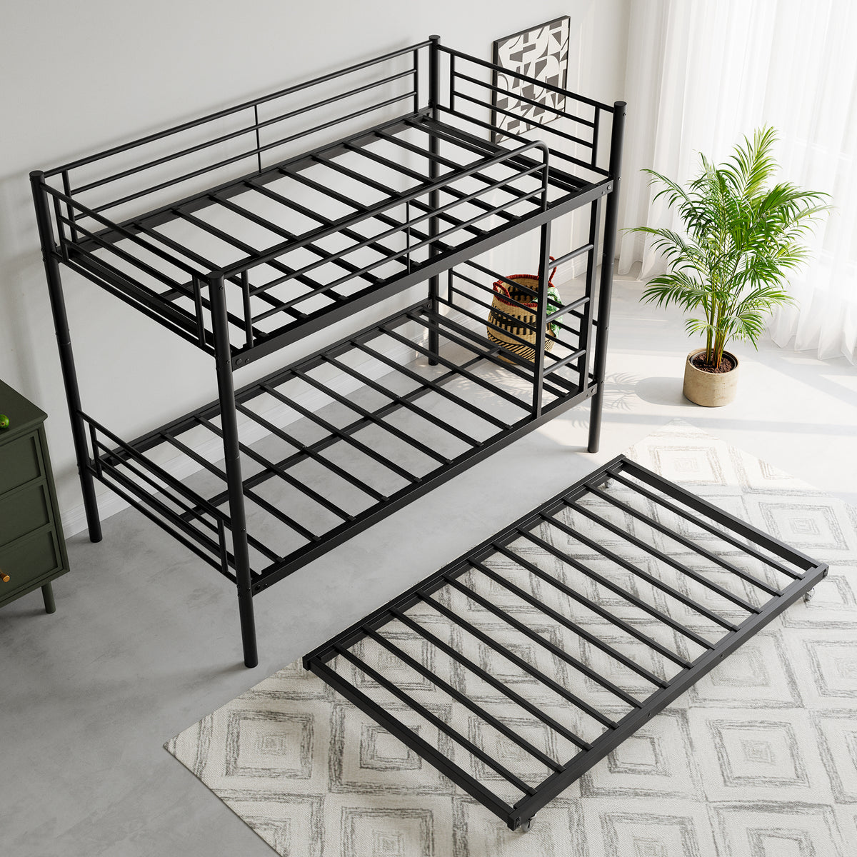Twin Bunk Bed with Trundle Metal Bunkbeds with Ladder and Full-Length Guardrail, Noise Free, No Box Spring Needed, Black W840P196829-djyc