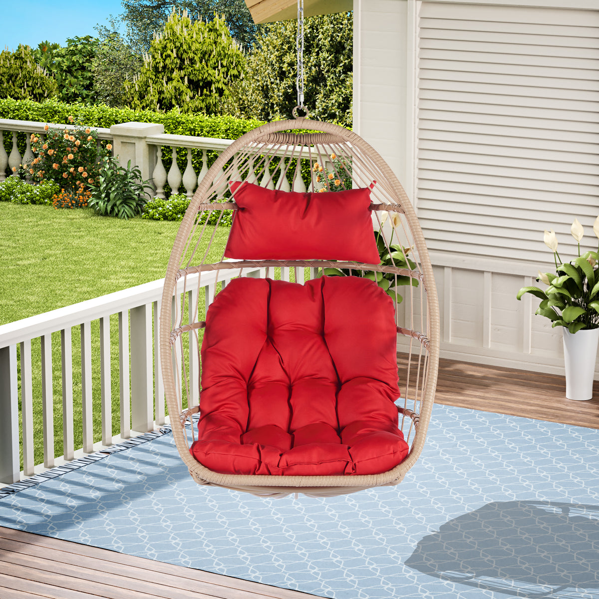 Outdoor Garden Rattan Egg Swing Chair Hanging Chair Wood+Red cushion W87470735-djyc