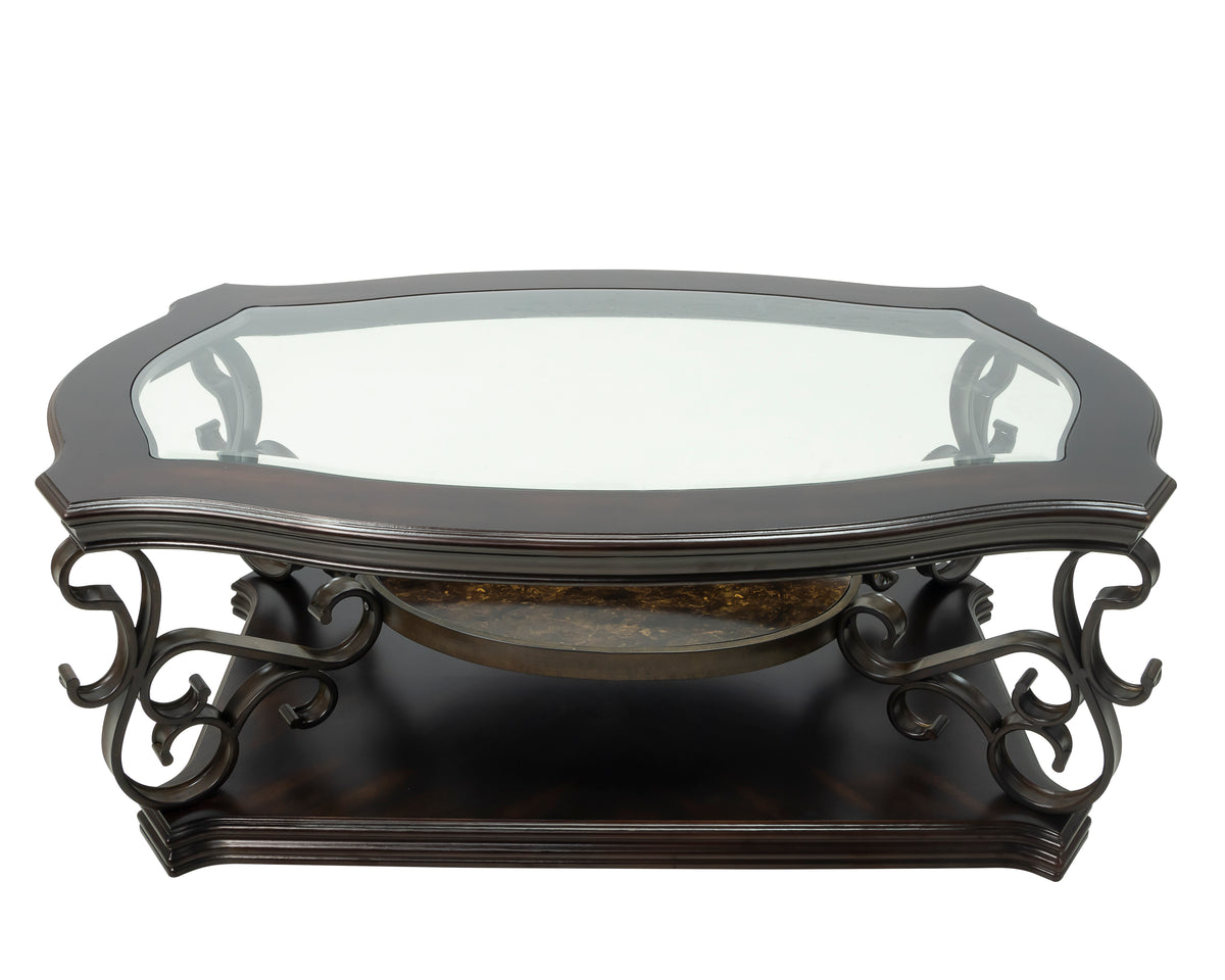 Cocktail Table, Glass table top, MDF W/marble paper middle shelf, powder coat finish metal legs. (52"Lx32"Wx20.3"H) W48720760-djyc