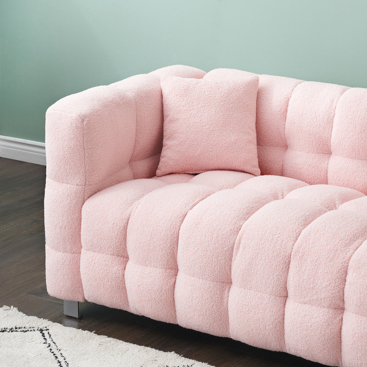 Charming 102-Inch Pink Teddy Fleece Sofa for Living Room, Bedroom, or Apartment - Includes Two Chic Throw Pillows & Sturdily Supported by Hardware Feet W1278S00019-djyc