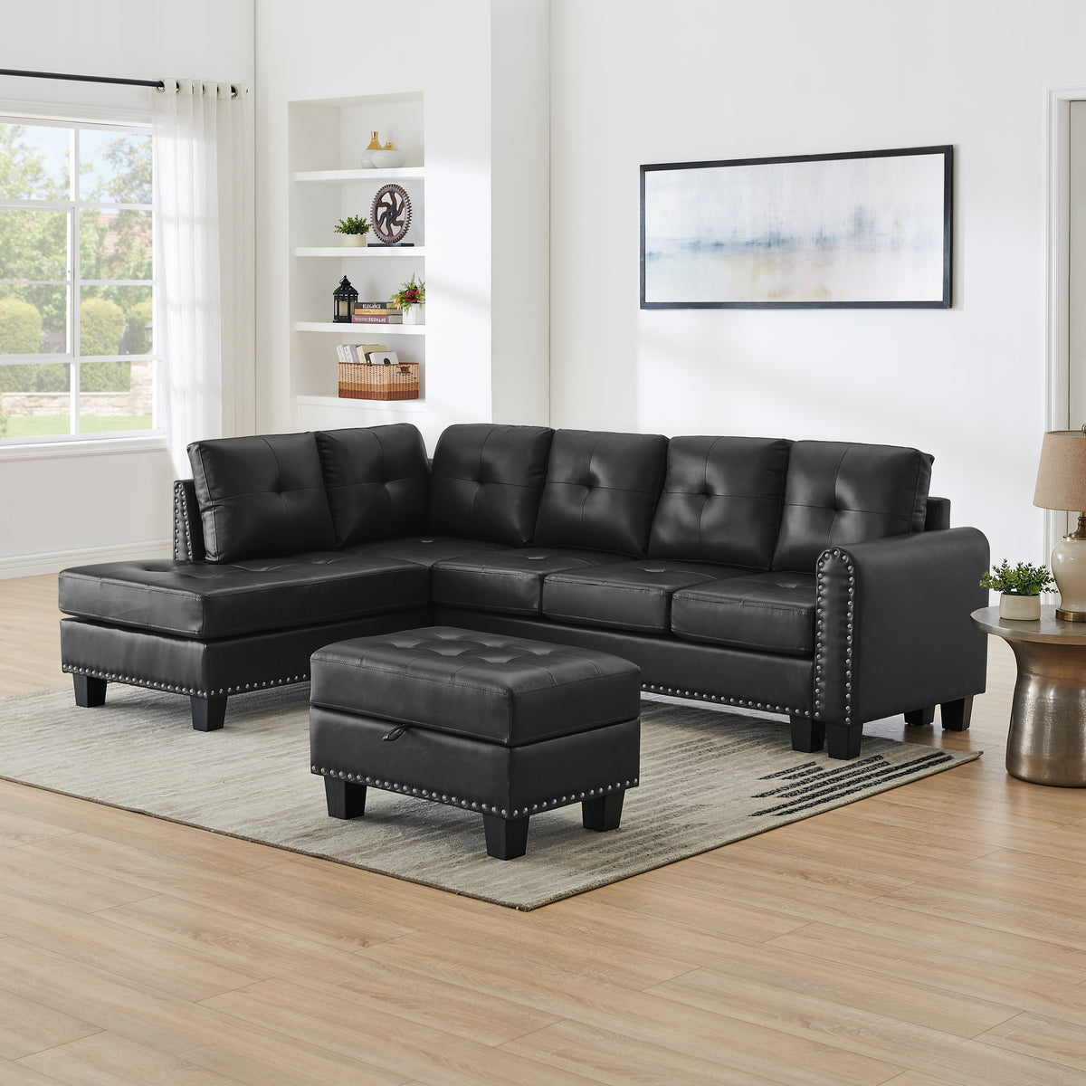 Sectional 3-Seaters Sofa , reversible recliner, Storage pad and wood grain cup holder, Non-slip leg, pu, black W487S00241-djyc
