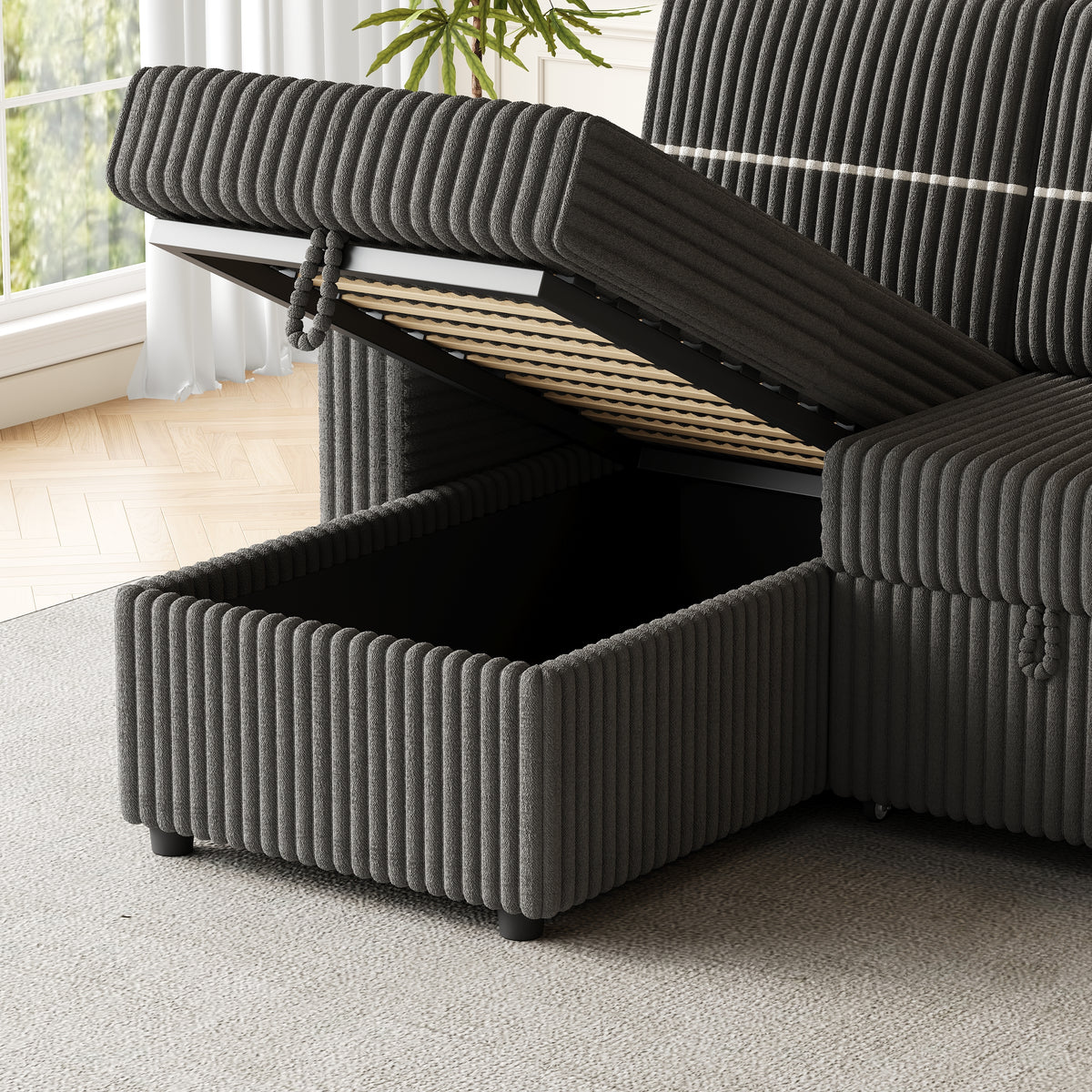 85 Inches Corduroy Sofa Bed, 3 Seater Sleeper Sofa with Storage Chaise, Square Handrail With Two Cup-holder And USB Charge Port, Pull Out Couch for Living Room W834S00270-djyc