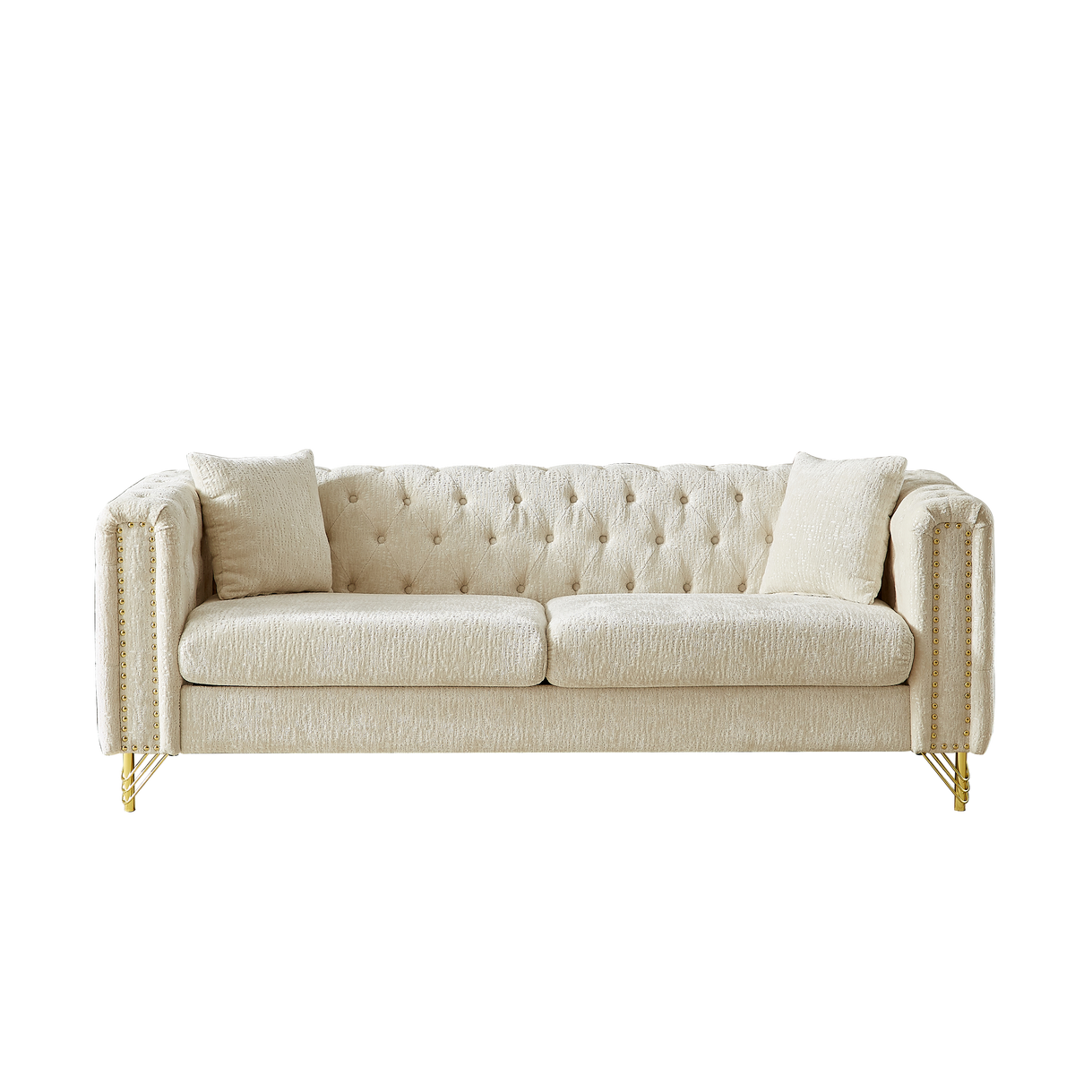 82-Inch Chenille Pull Buckle Design Sofa for Living Room,Buttons Tufted With Copper Nail Decoration Armrest, Modern Couch Upholstered Button And Metal Legs W834S00293-djyc