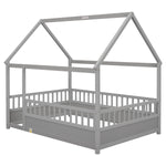 Full Size Floor Wooden Bed with House Roof Frame, Fence Guardrails,Grey W1858123988-djyc