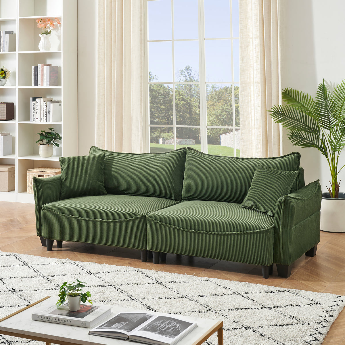 Sofa Showcasing Green Corduroy Fabric, Transformable into Sofa Bed with Two Throw Pillows: Ideal for Living Rooms & Diverse Scenes W1278S00038-djyc