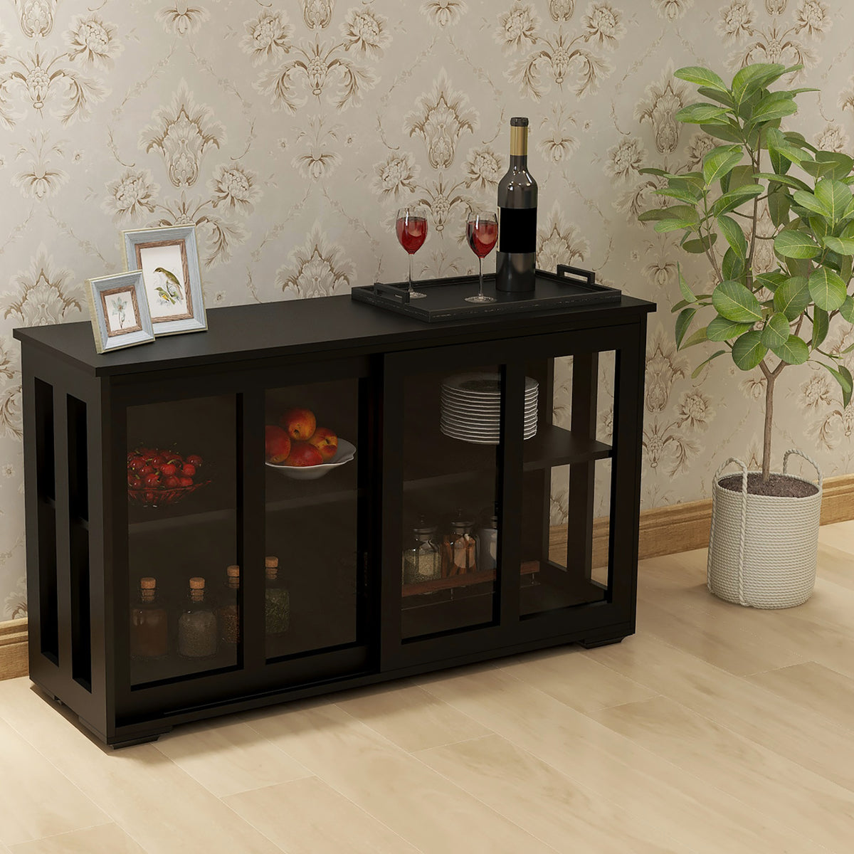 Kitchen Storage Stand Cupboard With Glass Door-Black W28215277-djyc