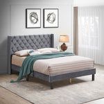 Velvet Button Tufted-Upholstered Bed with Wings Design - Strong Wood Slat Support - Easy Assembly - Gray, Queen, platform bed W31128434-djyc
