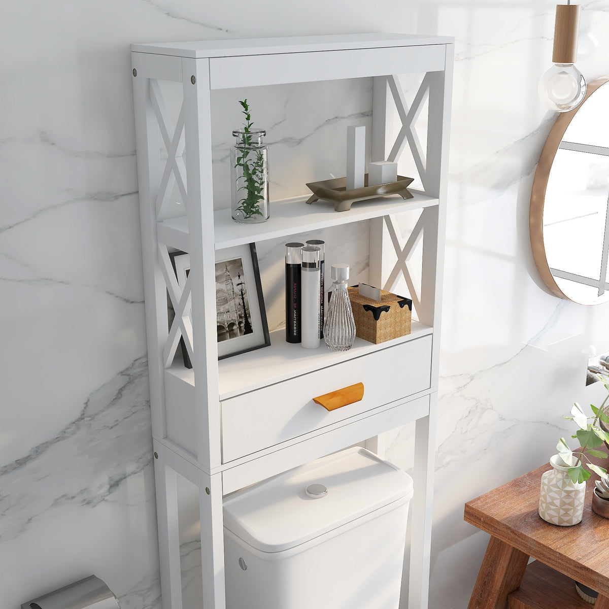 Over-the-Toilet Storage Cabinet White with one Drawer and 2 Shelves Space Saver Bathroom Rack W28227728-djyc