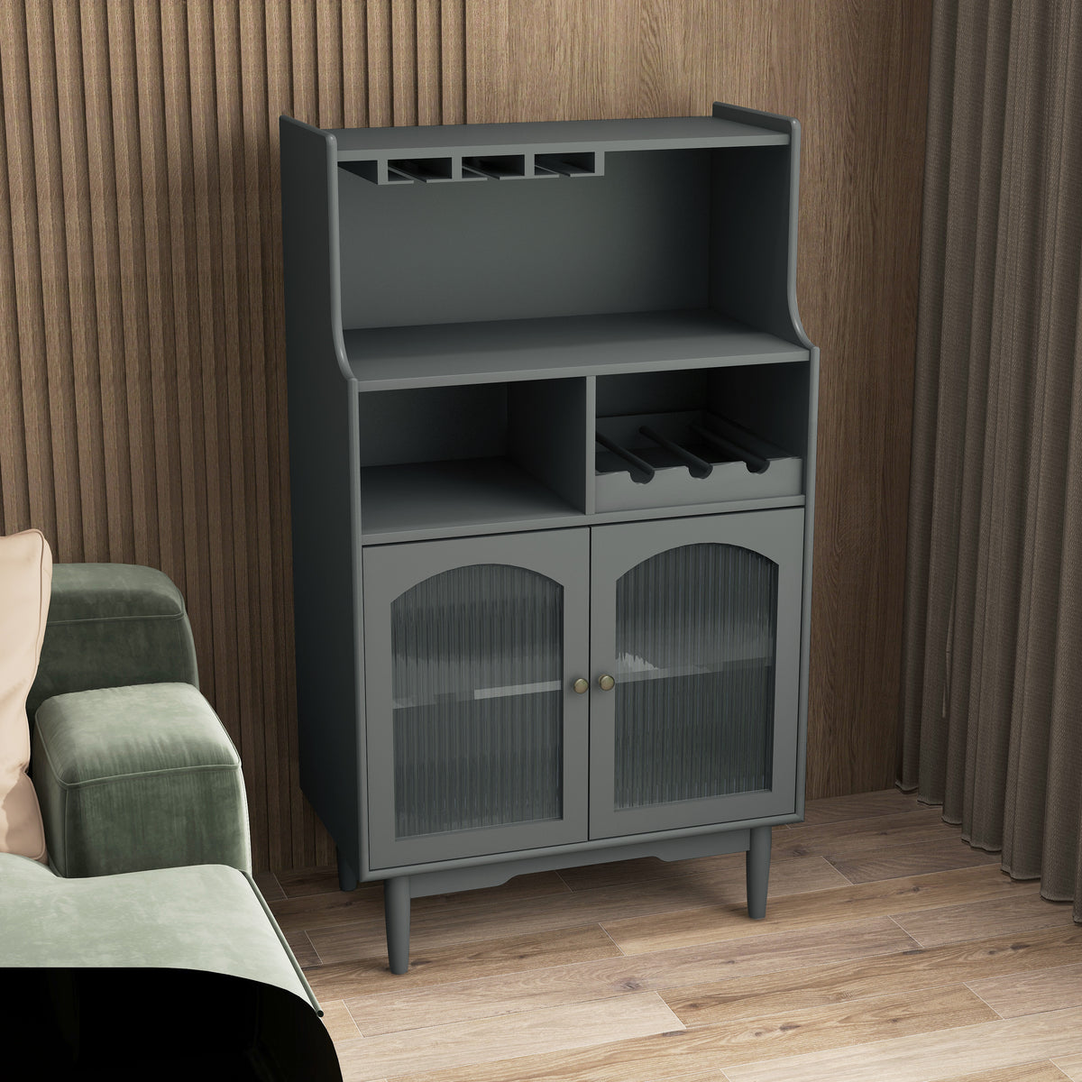 Living Room Grey color wine cabinet with removable rack and wine glass rack, one cabinet with glass doors W28238028-djyc