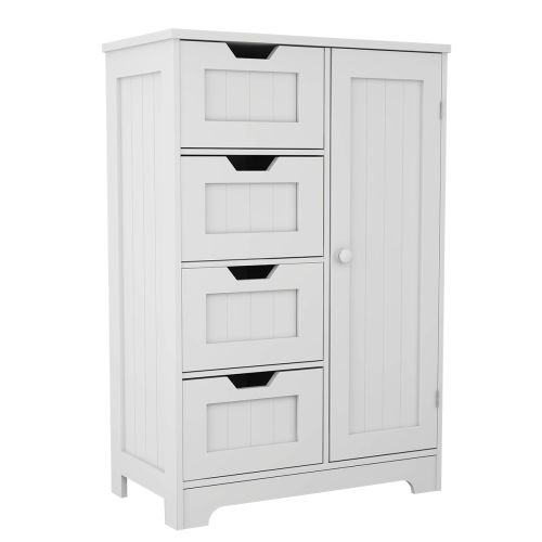 White freestanding floor storage cabinet with adjustable shelves, 4 drawers and 1 door W28222278-djyc