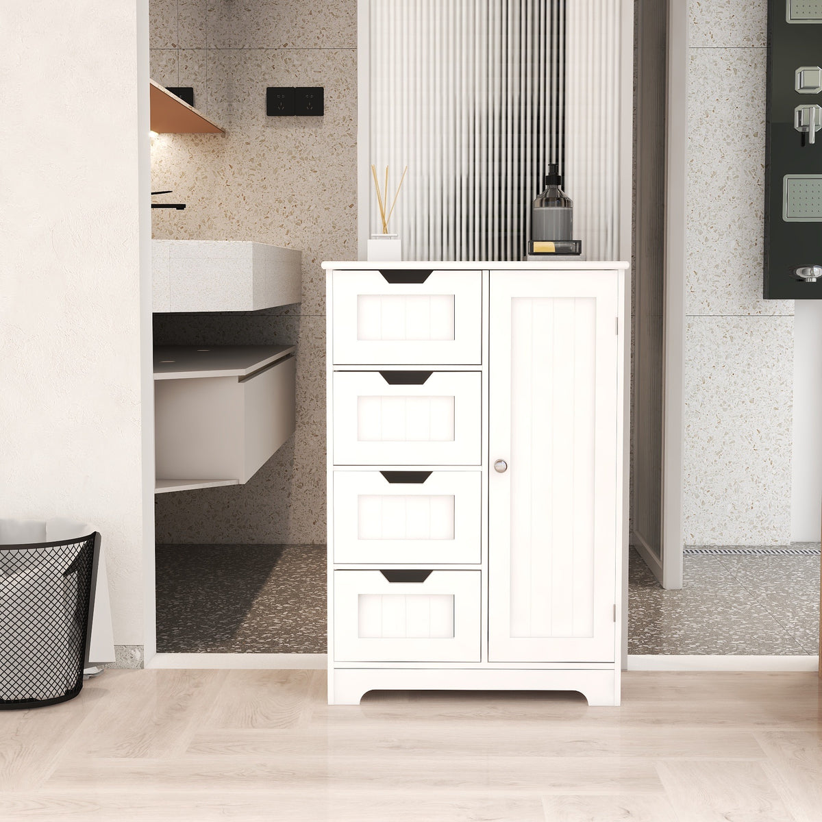 White freestanding floor storage cabinet with adjustable shelves, 4 drawers and 1 door W28222278-djyc