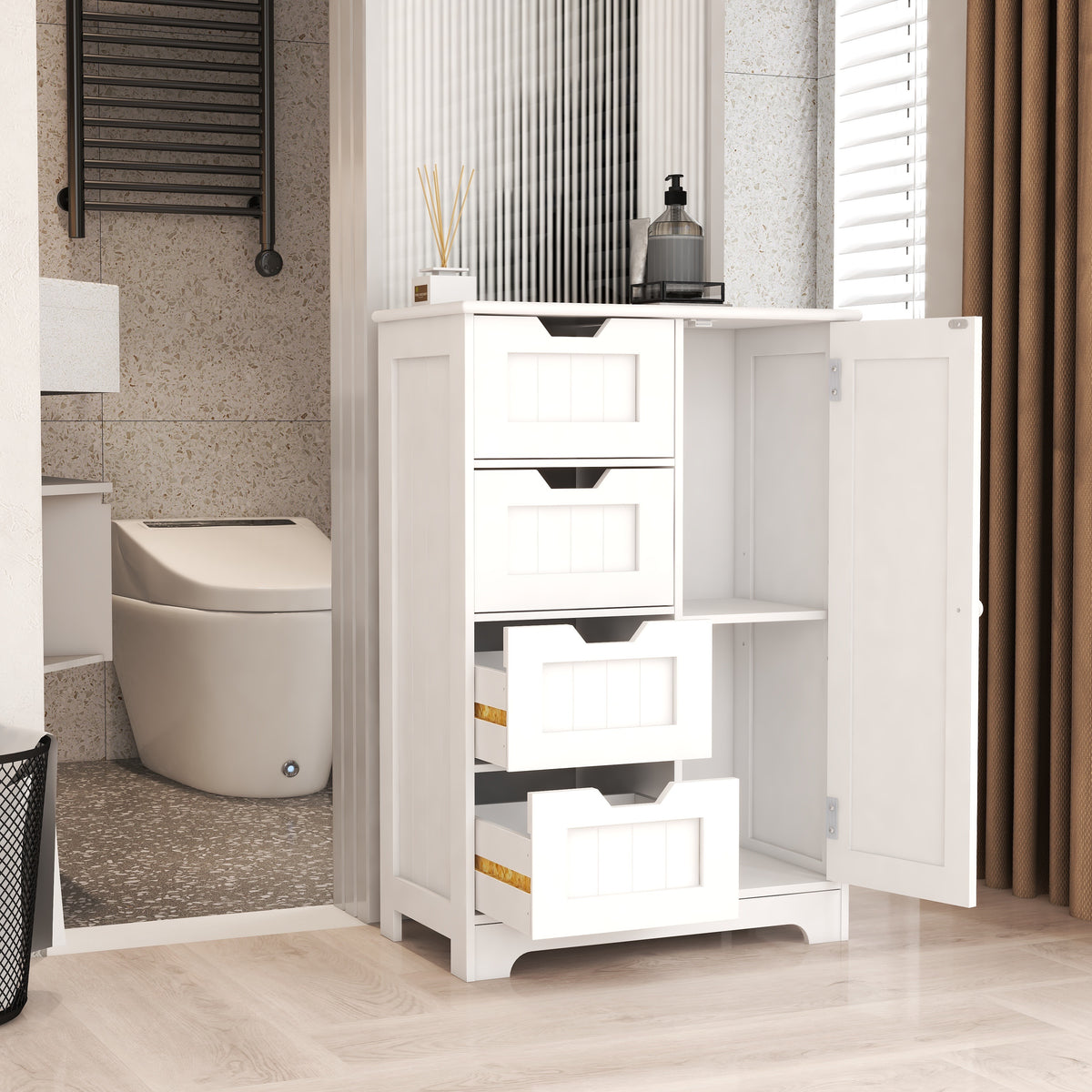 White freestanding floor storage cabinet with adjustable shelves, 4 drawers and 1 door W28222278-djyc