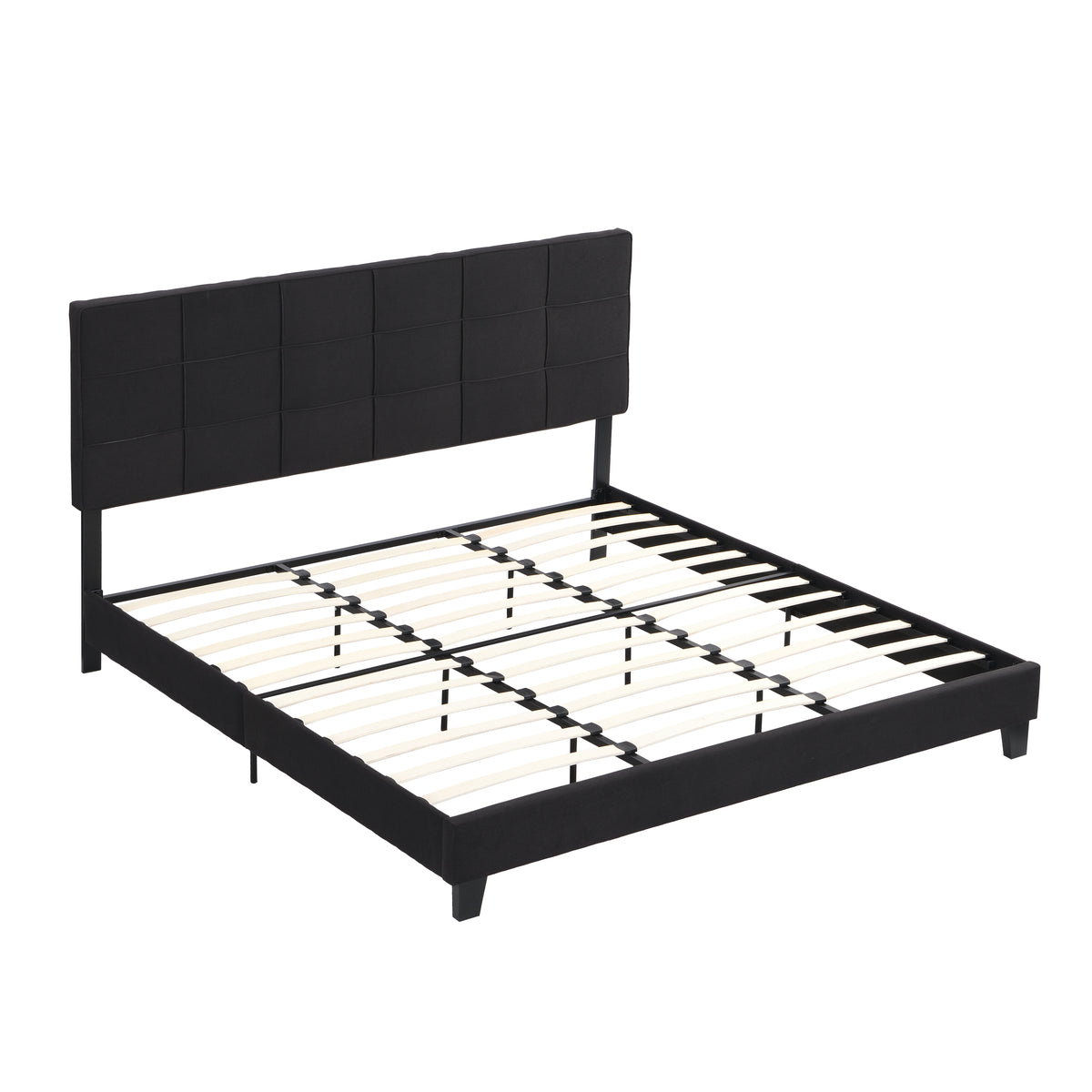 King Size Upholstered Platform Bed Frame withLinen Fabric Headboard, No Box Spring Needed, Wood Slat Support, Easy Assembly, BLACK W311107471-djyc
