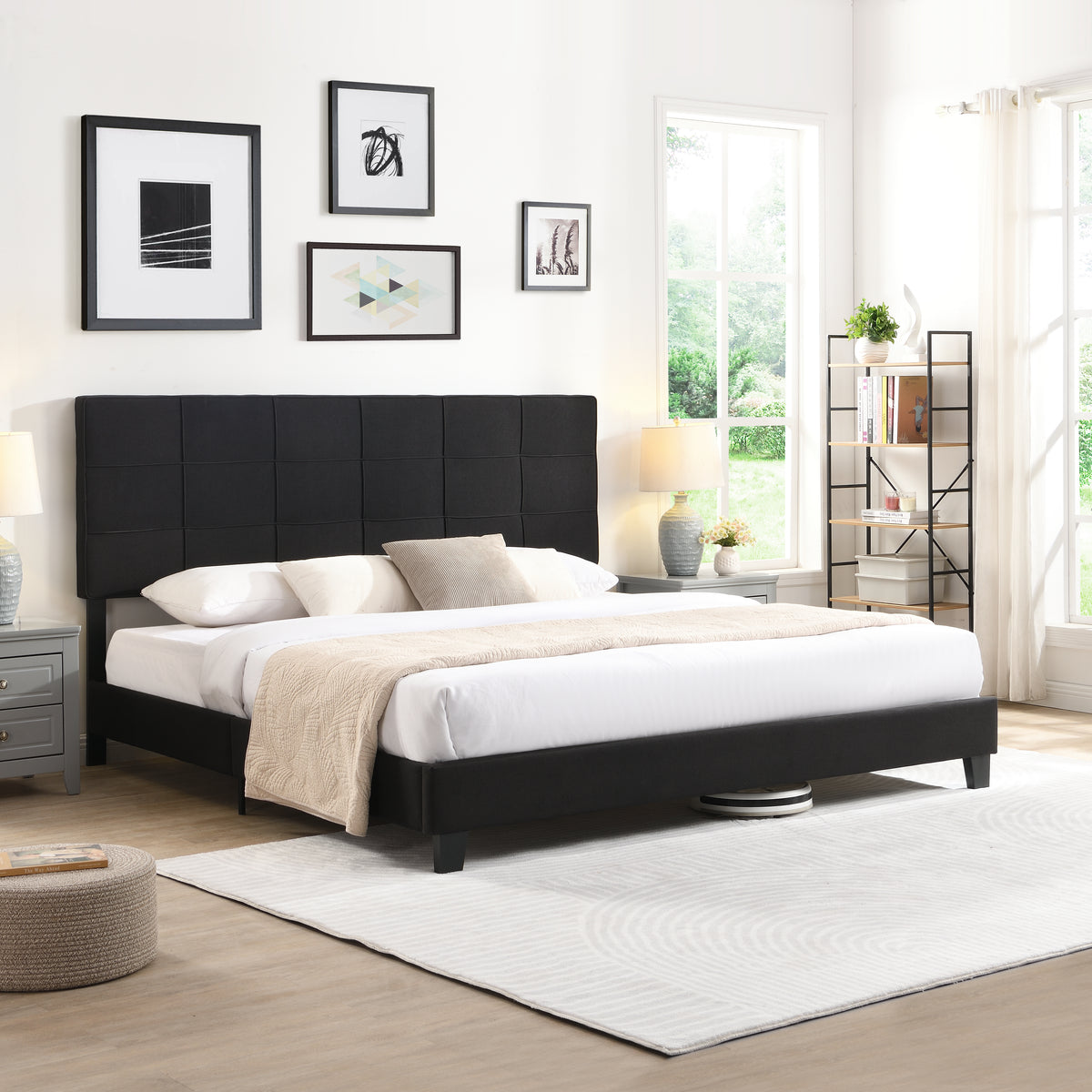 King Size Upholstered Platform Bed Frame withLinen Fabric Headboard, No Box Spring Needed, Wood Slat Support, Easy Assembly, BLACK W311107471-djyc