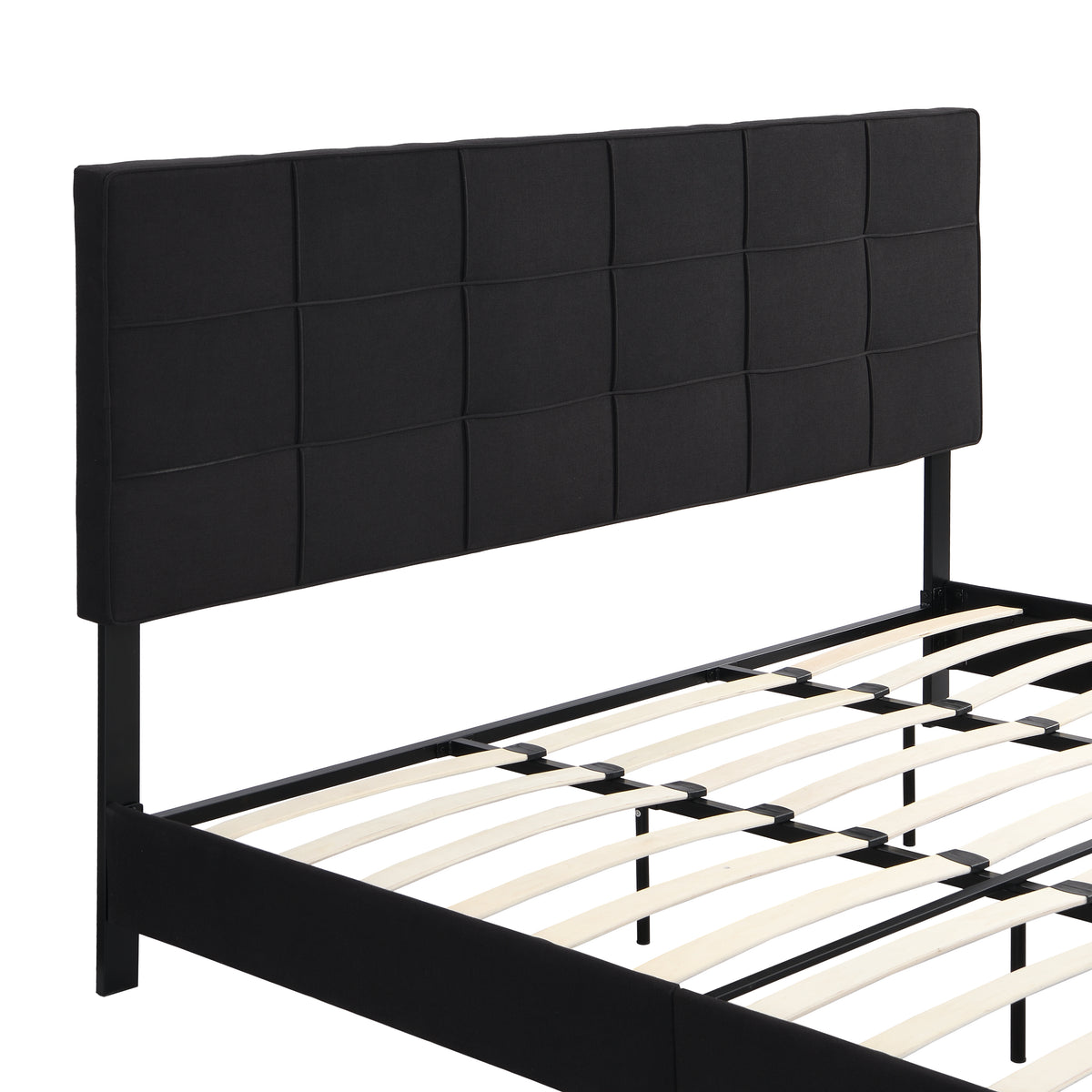 King Size Upholstered Platform Bed Frame withLinen Fabric Headboard, No Box Spring Needed, Wood Slat Support, Easy Assembly, BLACK W311107471-djyc