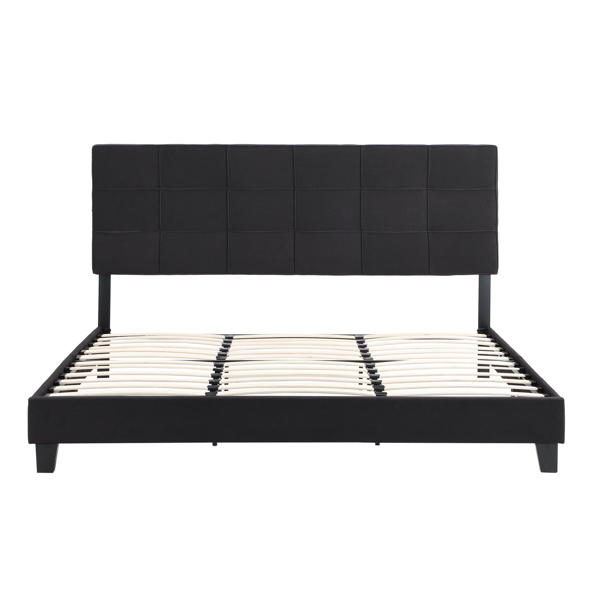 King Size Upholstered Platform Bed Frame withLinen Fabric Headboard, No Box Spring Needed, Wood Slat Support, Easy Assembly, BLACK W311107471-djyc