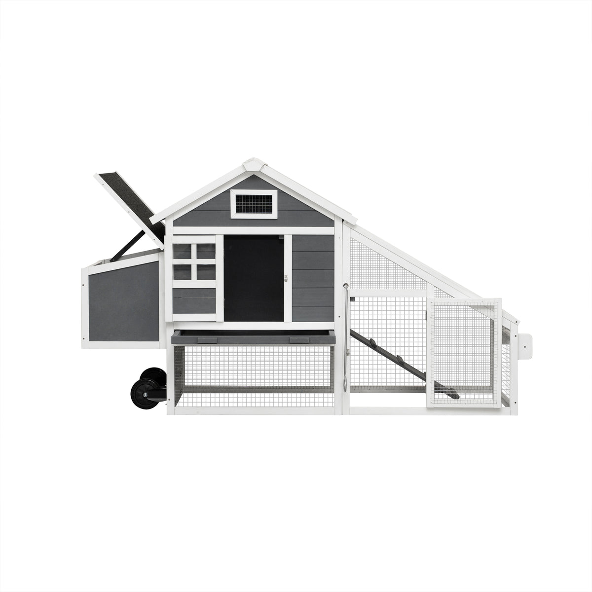 Removable Tray Ramp wooden outdoor chicken hutch coop with running cage with wheels W21949696-djyc