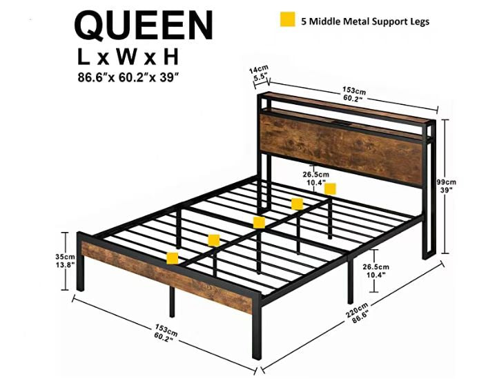 Queen SizeMetal Platform Bed Frame with Wooden Headboard and Footboard with USB LINER, No Box Spring Needed, Large Under Bed Storage, Easy Assemble W31183488-djyc