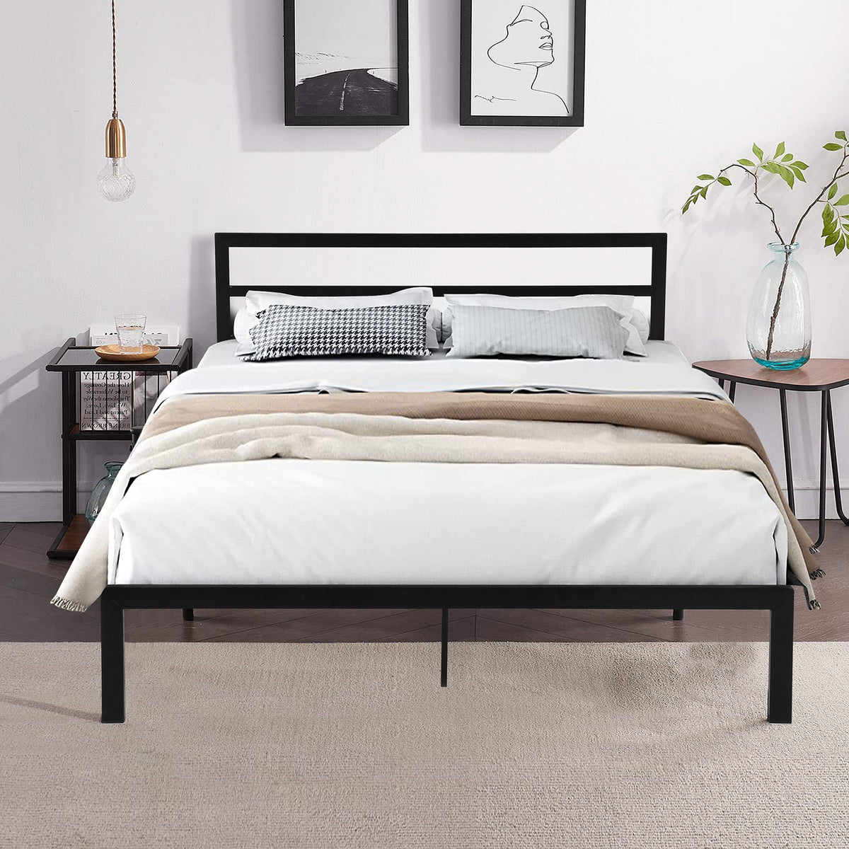 Queen Size Metal Bed Frame with Headboard Black W31181461-djyc