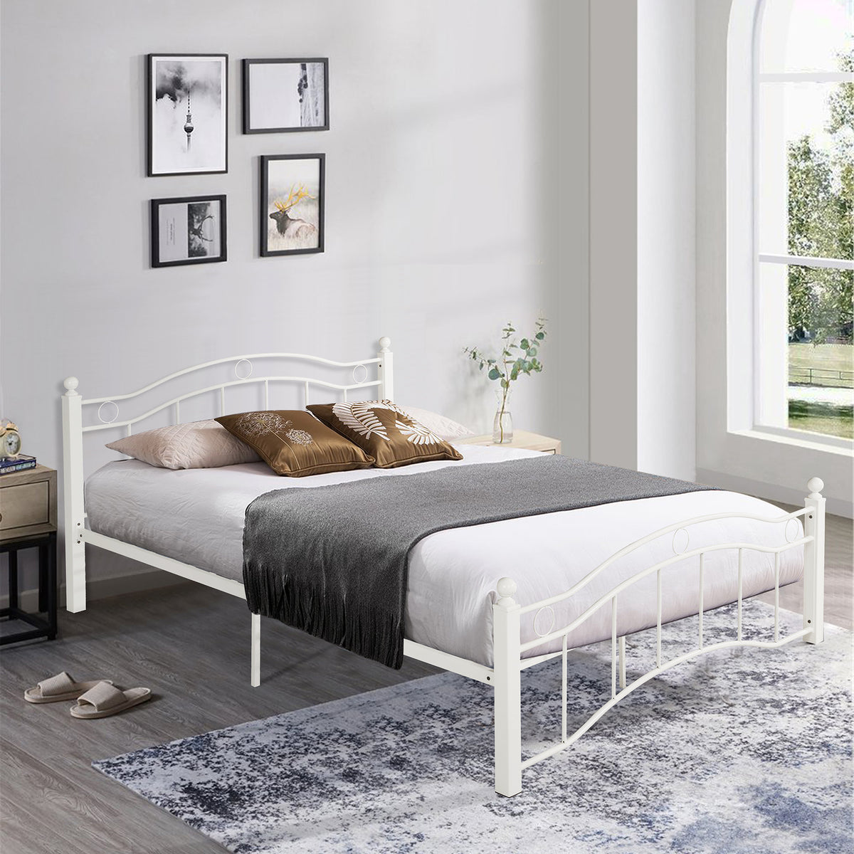Queen Size Metal Bed Frame with Headboard and Footboard White W31180791-djyc