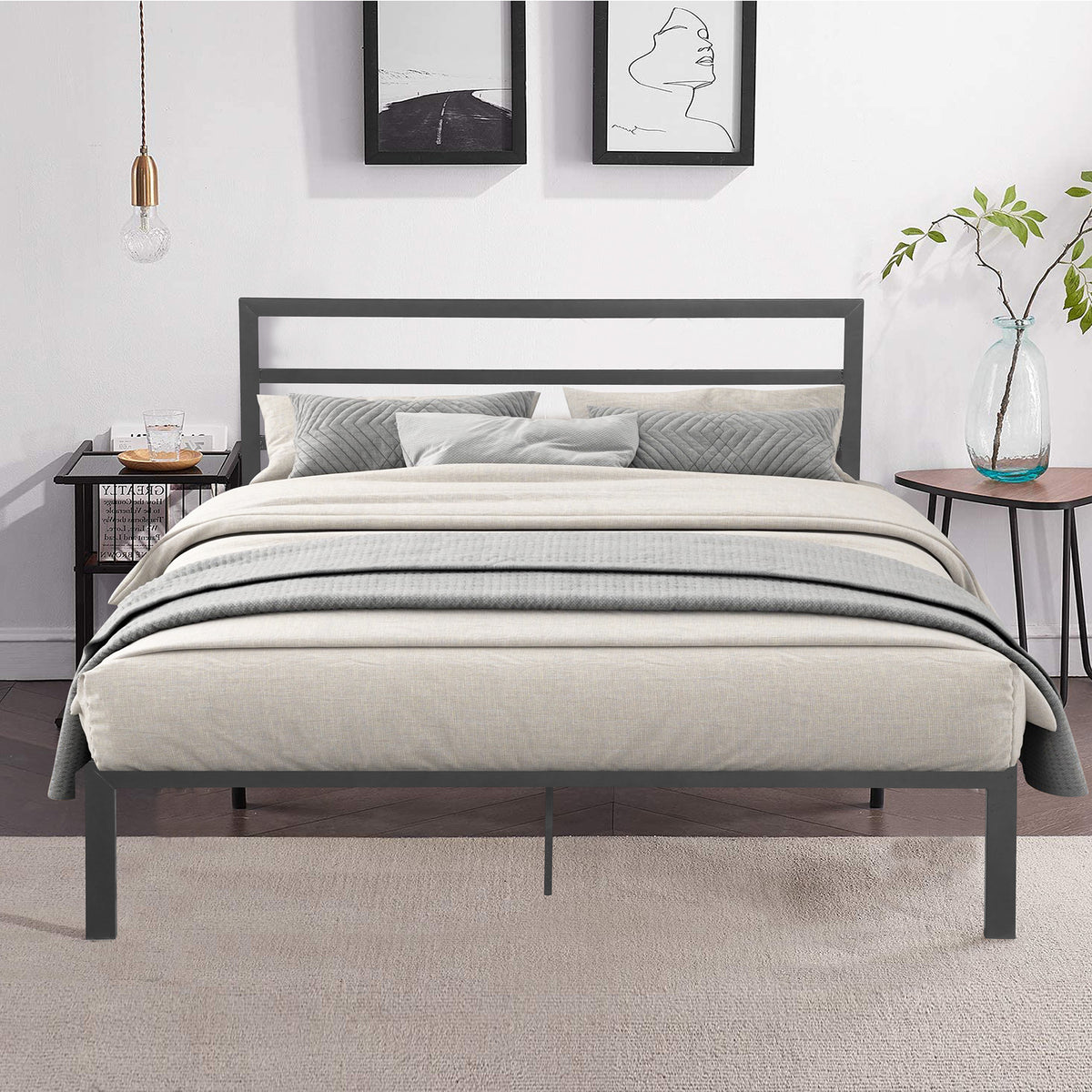 Queen Size Metal Bed Frame with Headboard Charcoal Grey W31181462-djyc