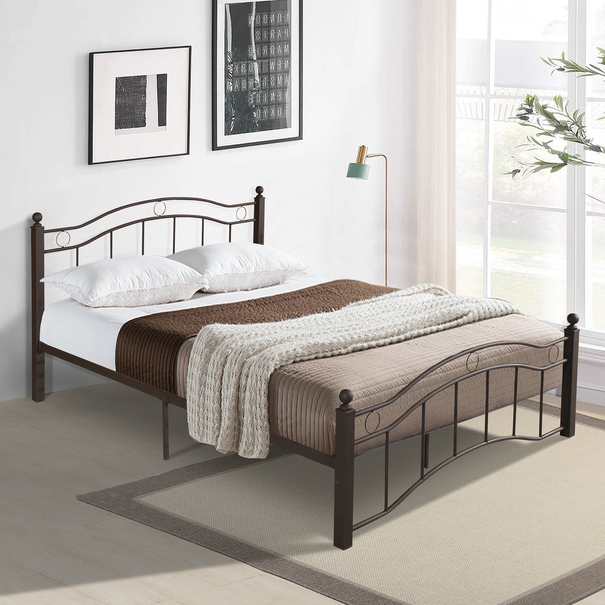 King Size Metal Bed Frame with Headboard and FootboardBronze W31181460-djyc