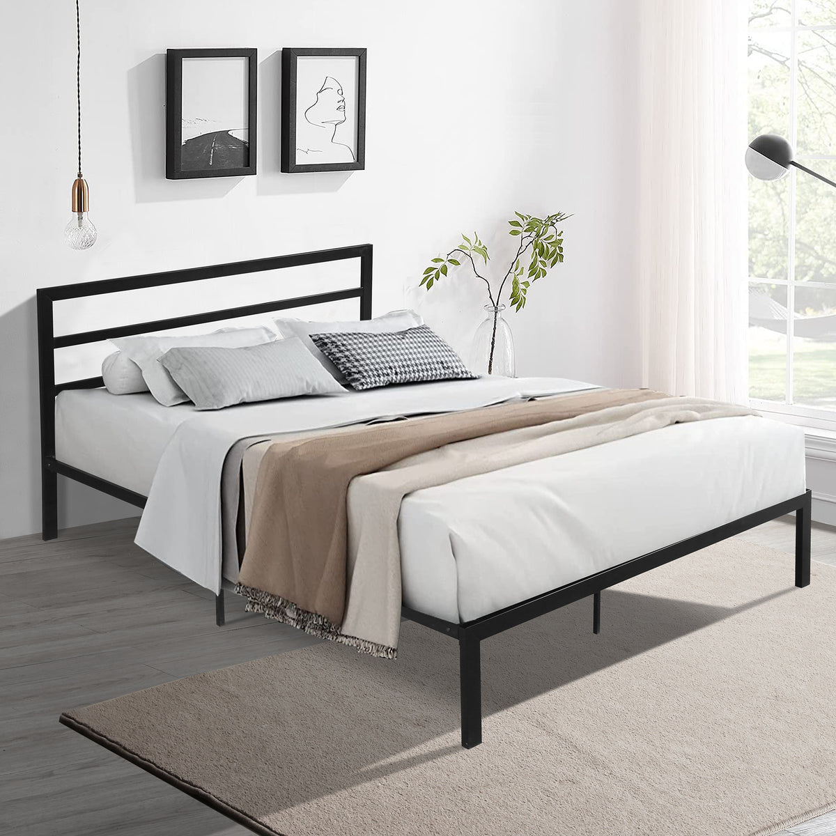 Queen Size Metal Bed Frame with Headboard Black W31181461-djyc